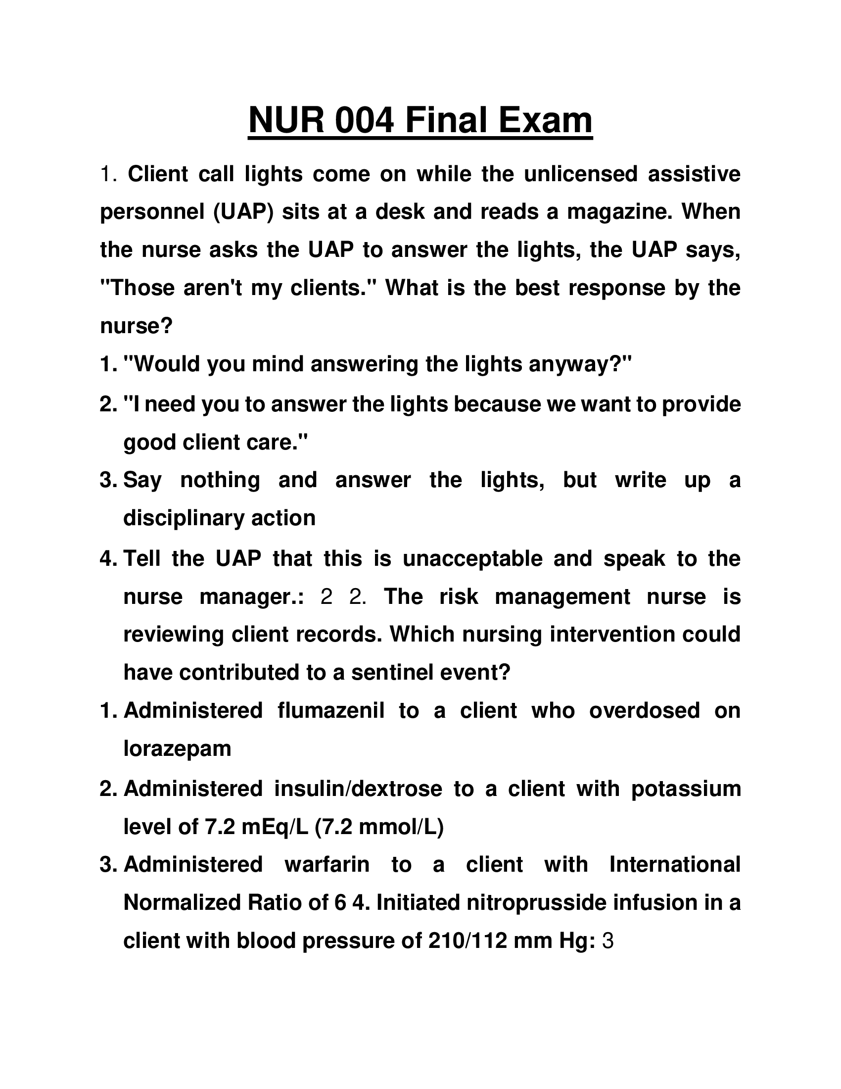 NUR 004 Final Exam 2023