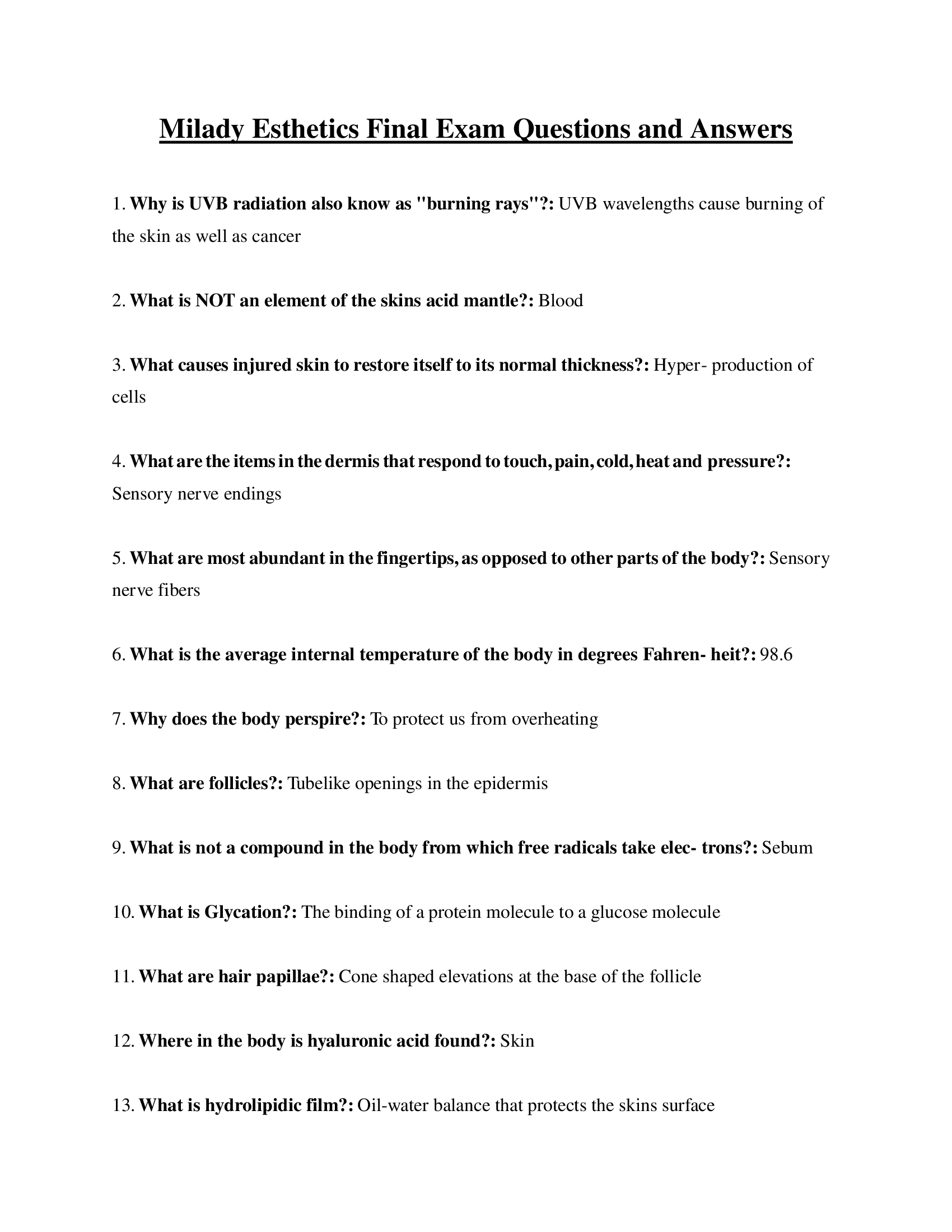 Milady Esthetics Final Exam Questions and Answers