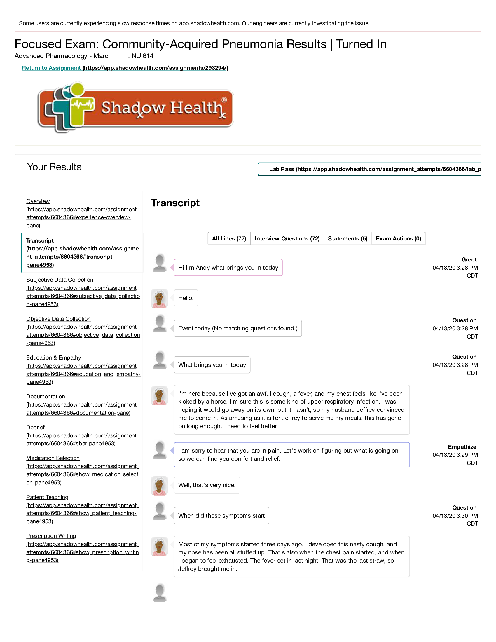 Anita Douglas Shadow Health Assessment | Community Acquired Pneumonia | First Attempt Transcript