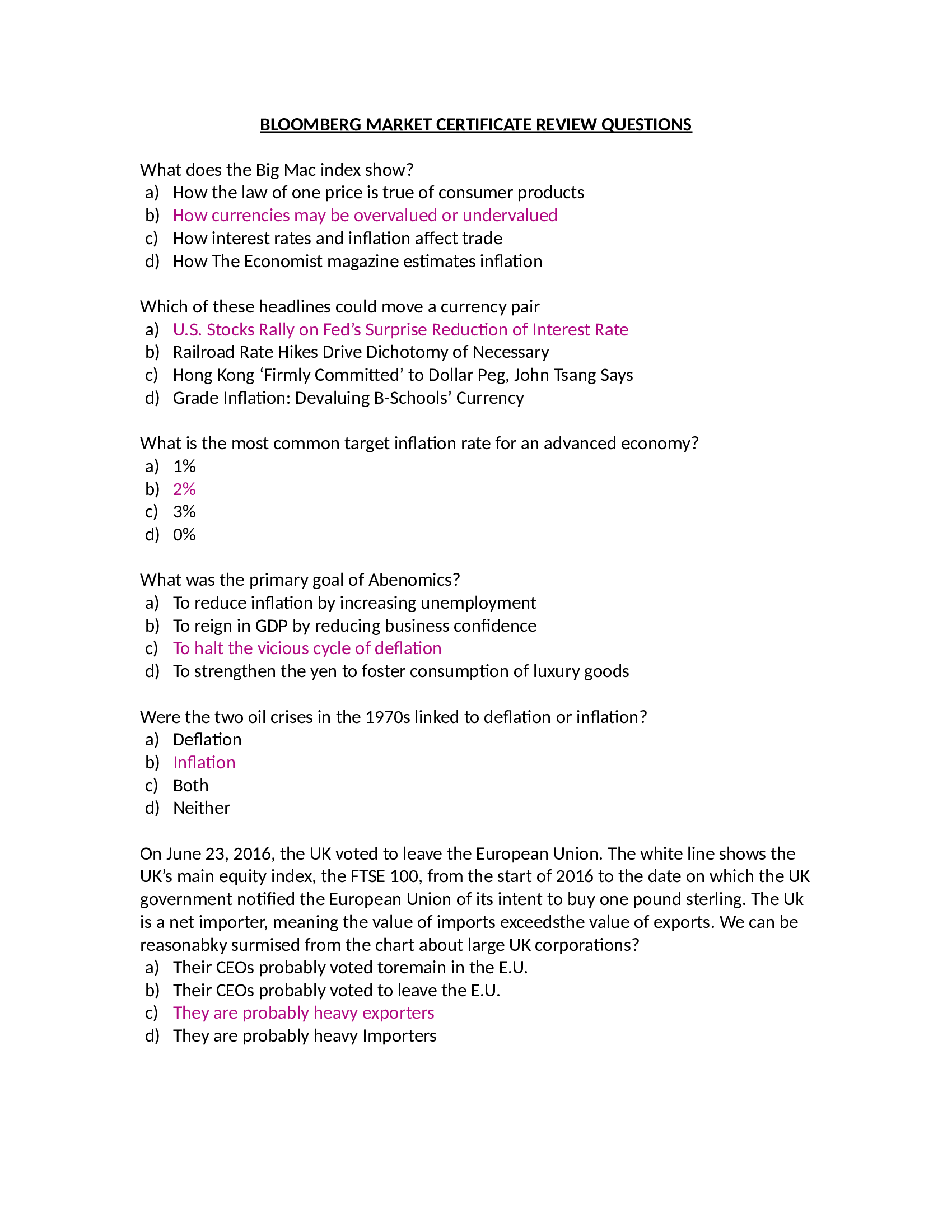 Bloomberg market certificate review questions and answers