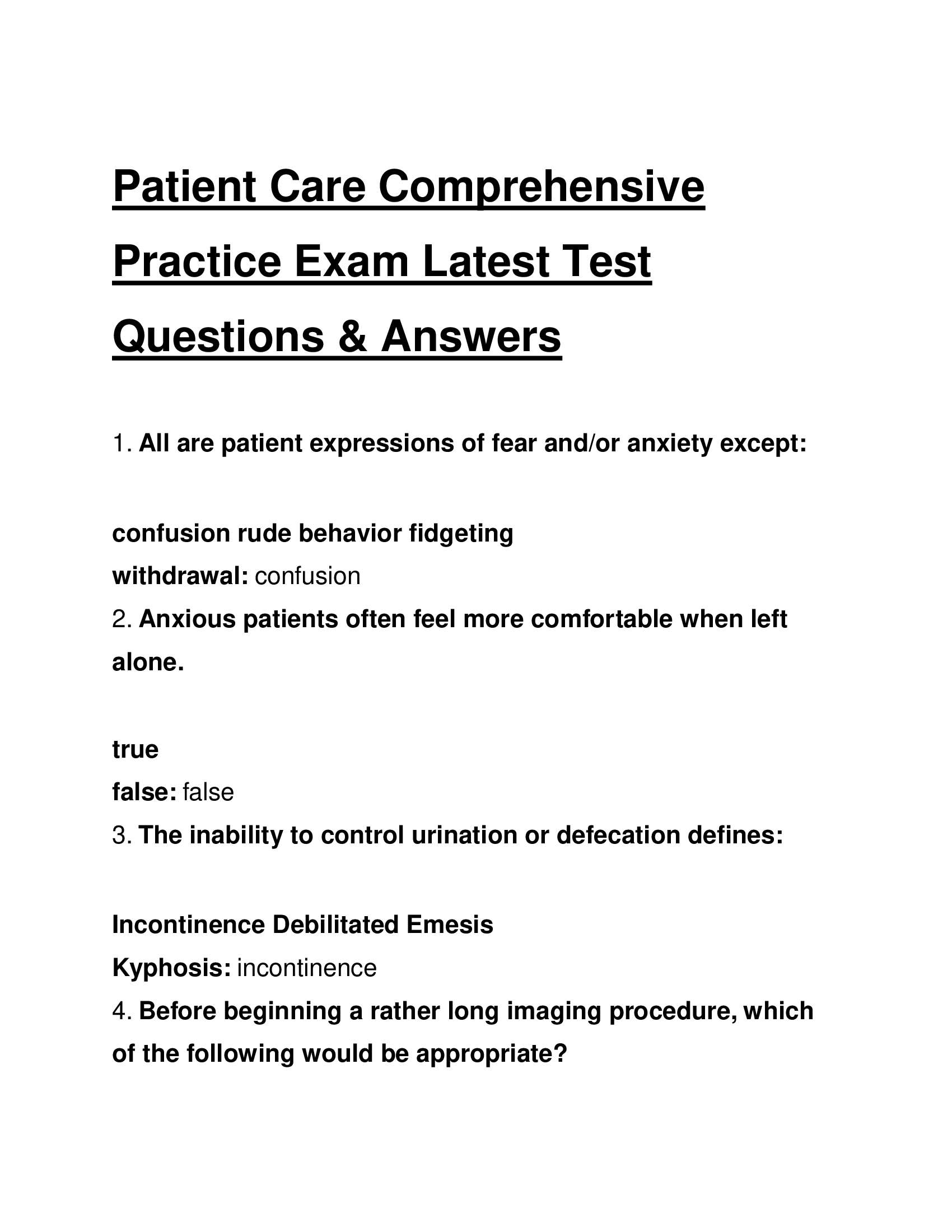 Patient Care Comprehensive Practice Exam Questions and Answers 2024