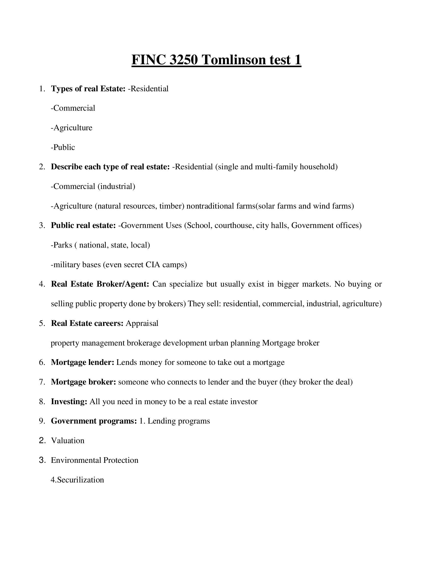 FINC 3250 Tomlinson test 1 2023 Questions and Answers