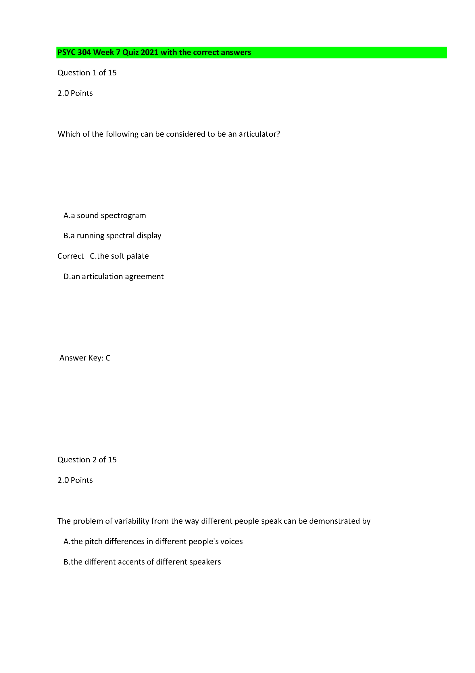 PSYC 304 Week 7 Quiz 2021 with the correct answers
