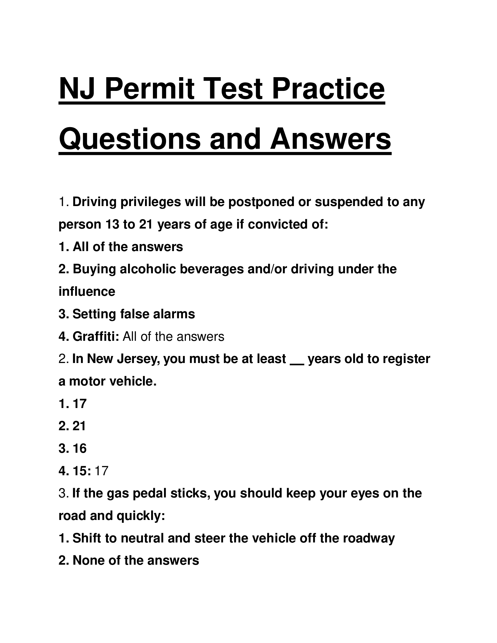 NJ Permit Test Practice Questions and Answers