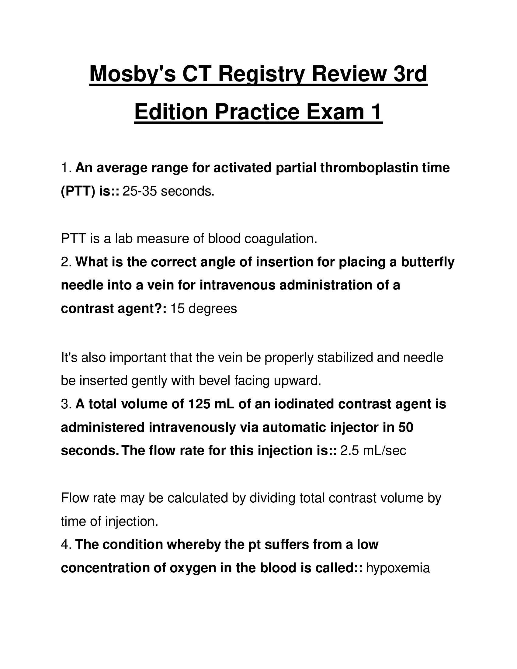 Mosby's CT Registry Review 3rd Edition Practice Exam 1 Questions and Answers 2024
