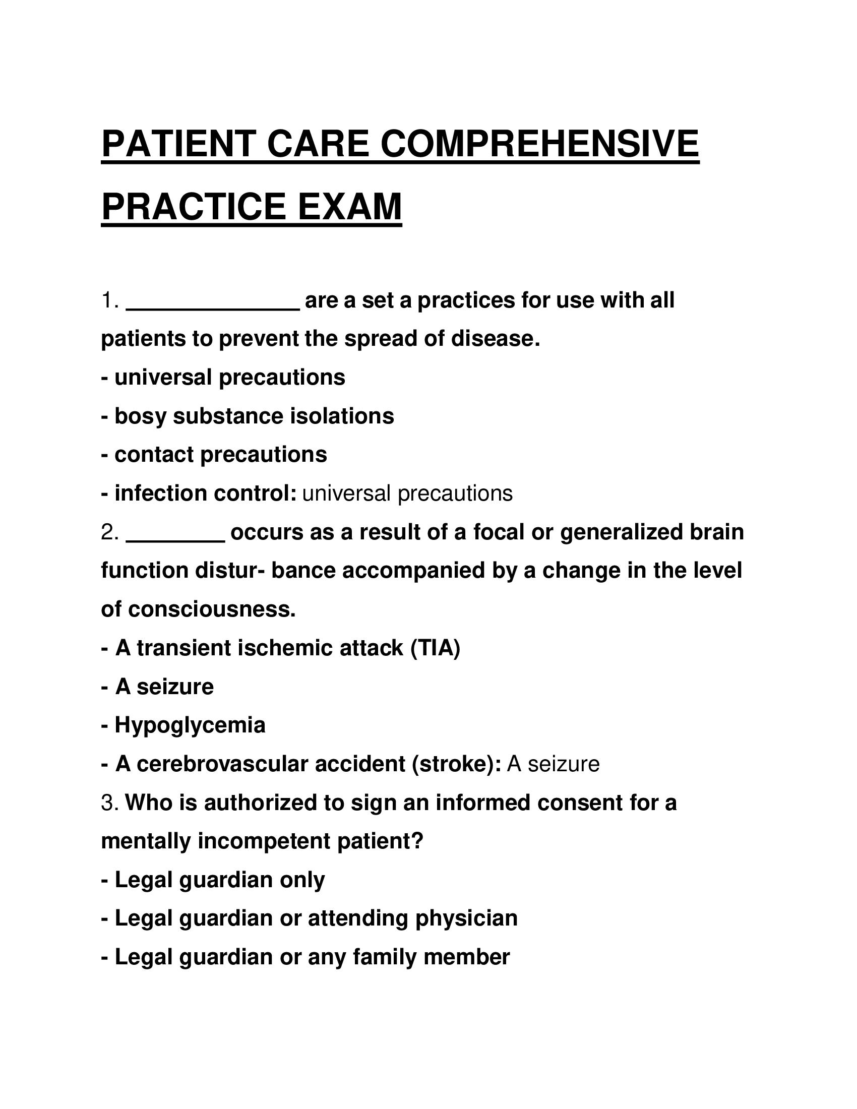 Patient Care Comprehensive Practice Exam Latest Test Questions & Answers 2024