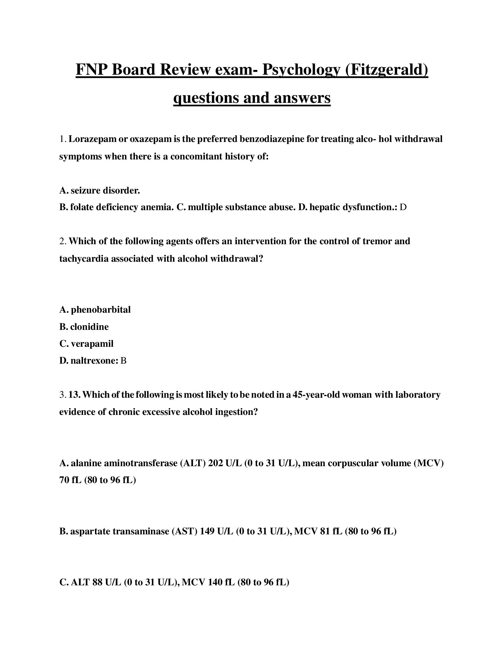 FNP Board Review exam- Psychology (Fitzgerald) questions and answers
