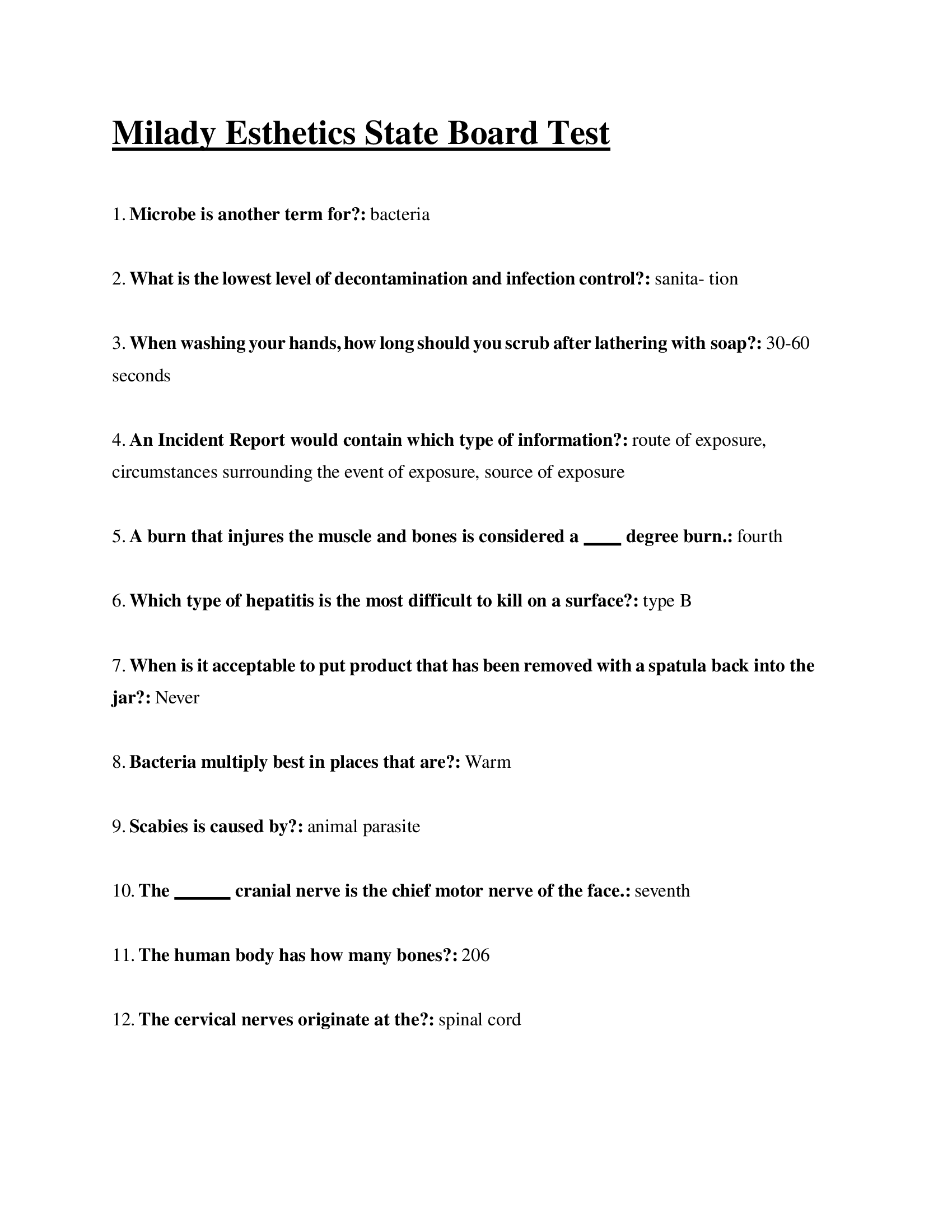 Milady Esthetics State Board Test Answers