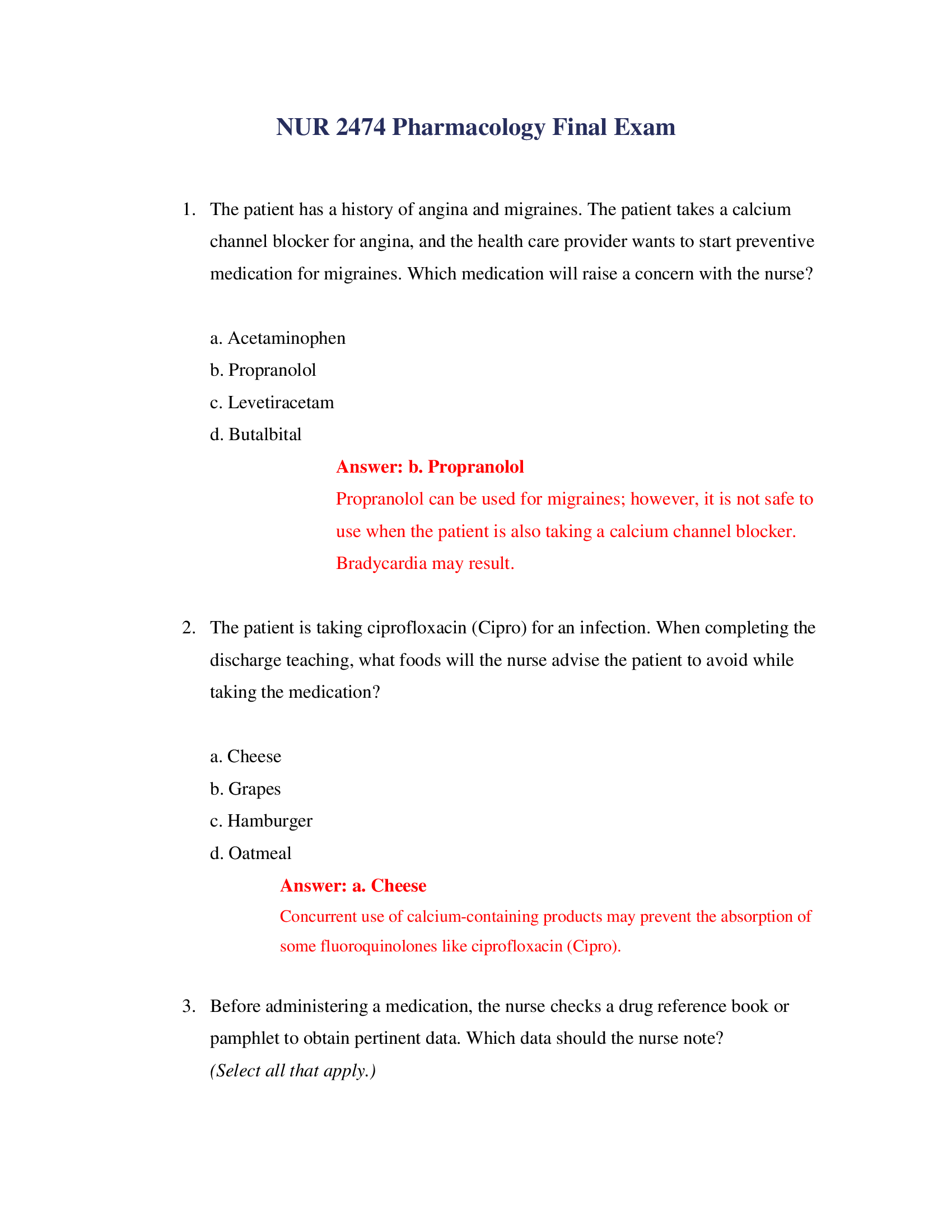 NUR2474 Final Exam - Pharmacology for Professional Nursing Final Exam 2023