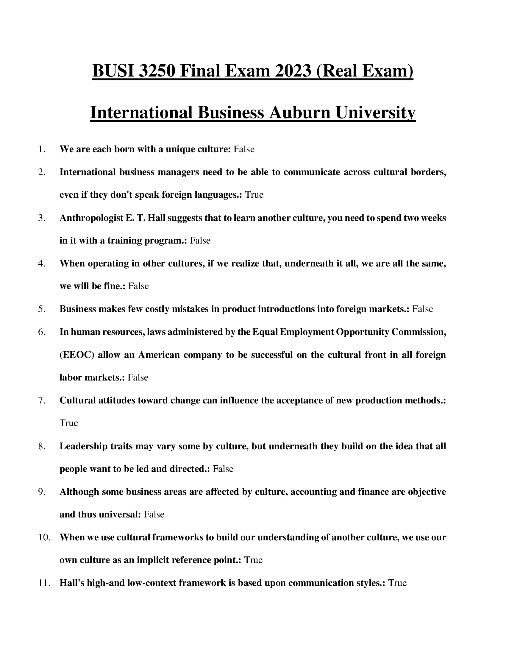 BUSI 3250 Final Exam 2023 (Real Exam) International Business Auburn University
