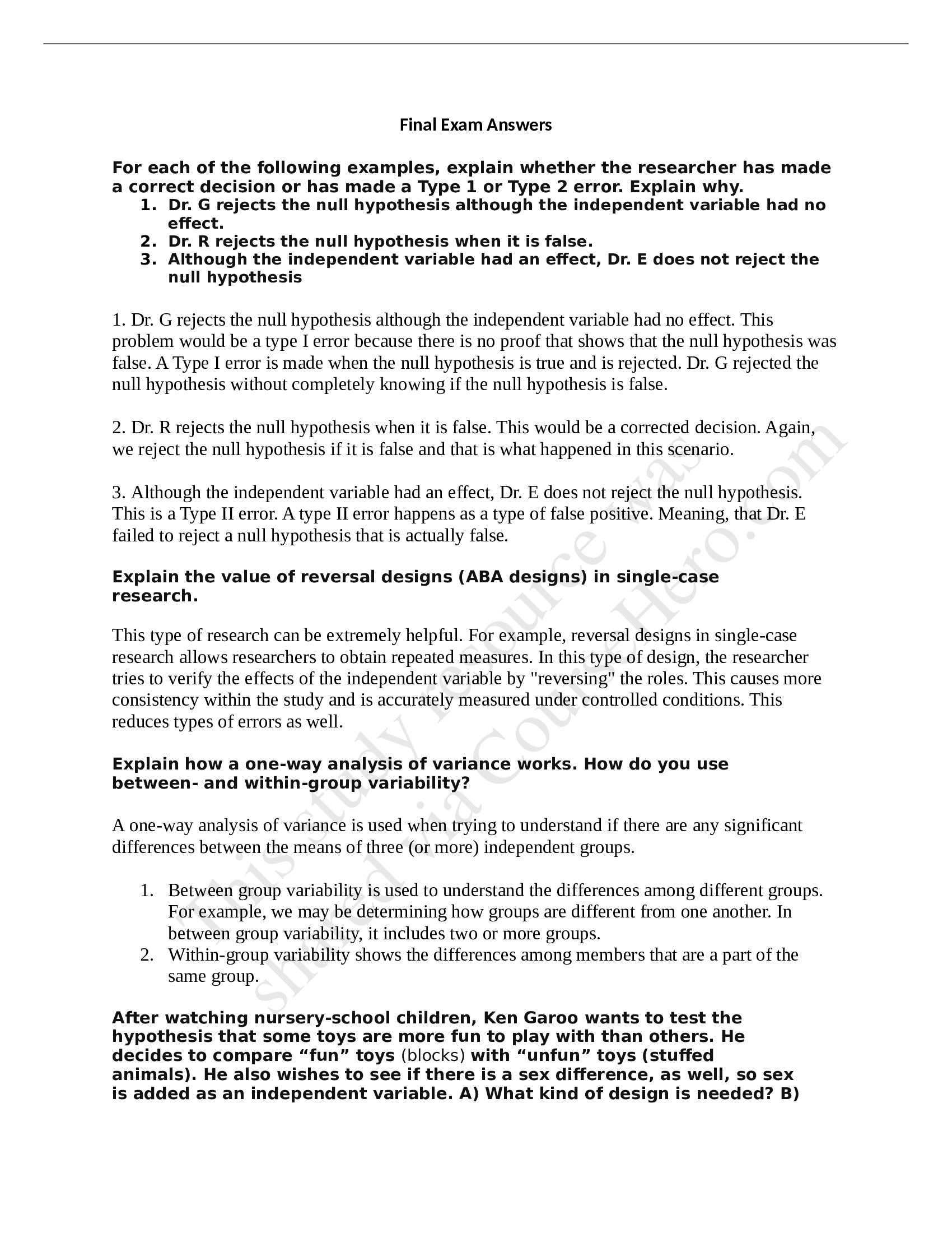 PSY 550 Final Exam Answers: Grand Canyon University