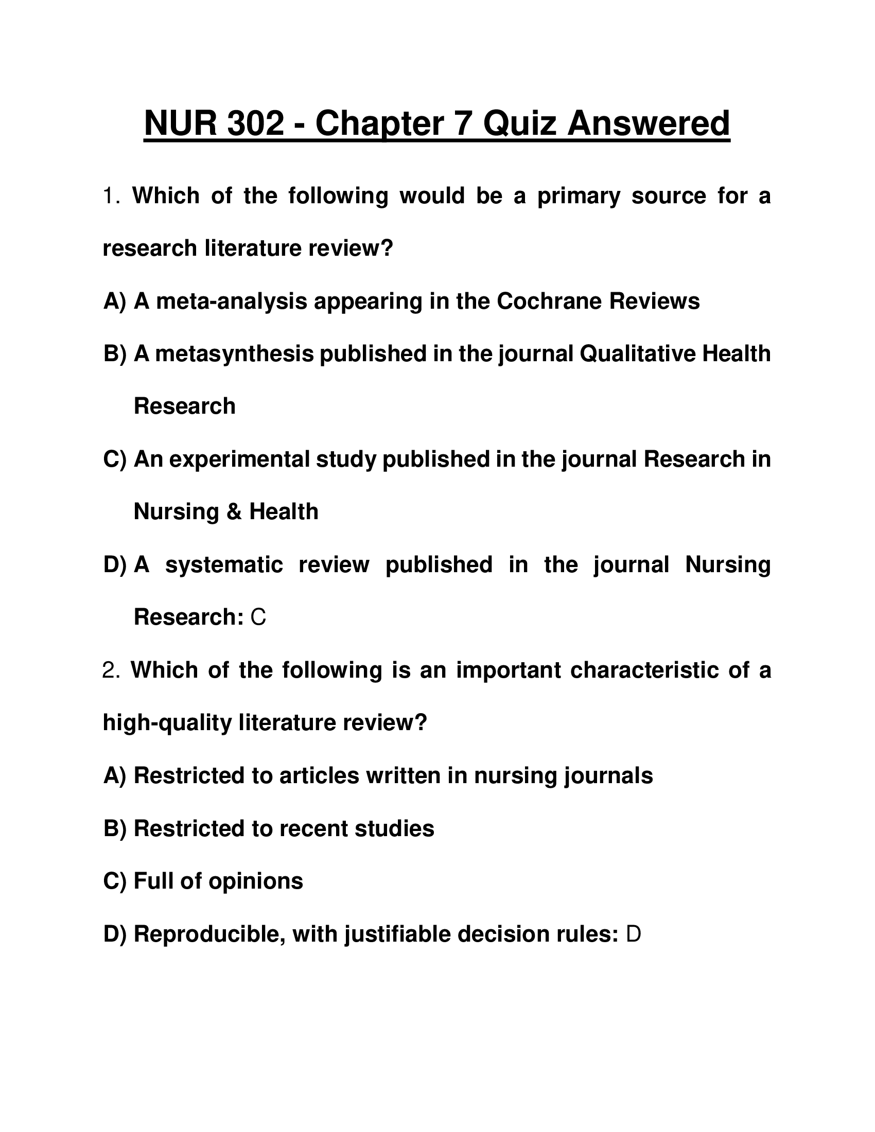 NUR 302 - Chapter 7 Quiz Answered