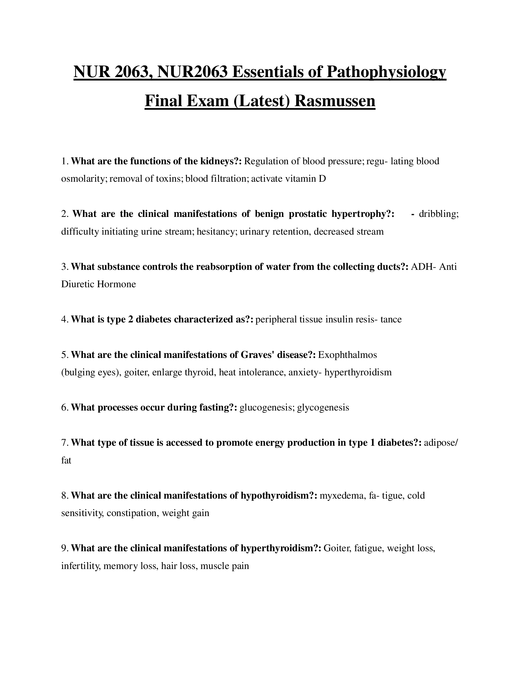 NUR 2063, NUR2063 Essentials of Pathophysiology Final Exam (Latest 2023, 2024) Rasmussen