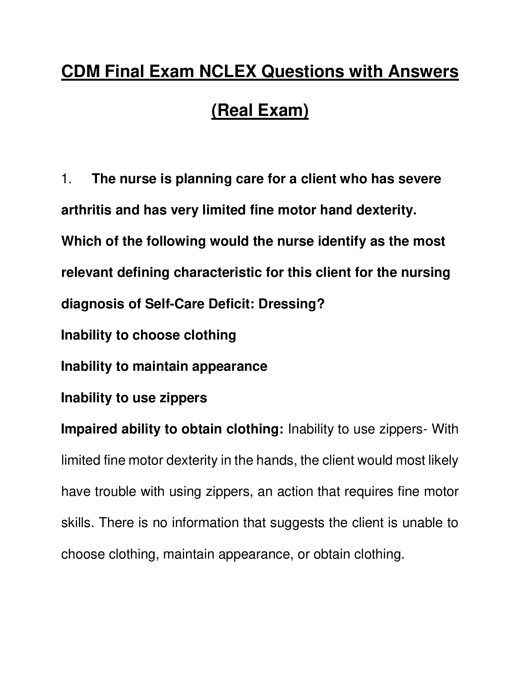 CDM Final Exam NCLEX Questions with Answers (Real Exam 2023)