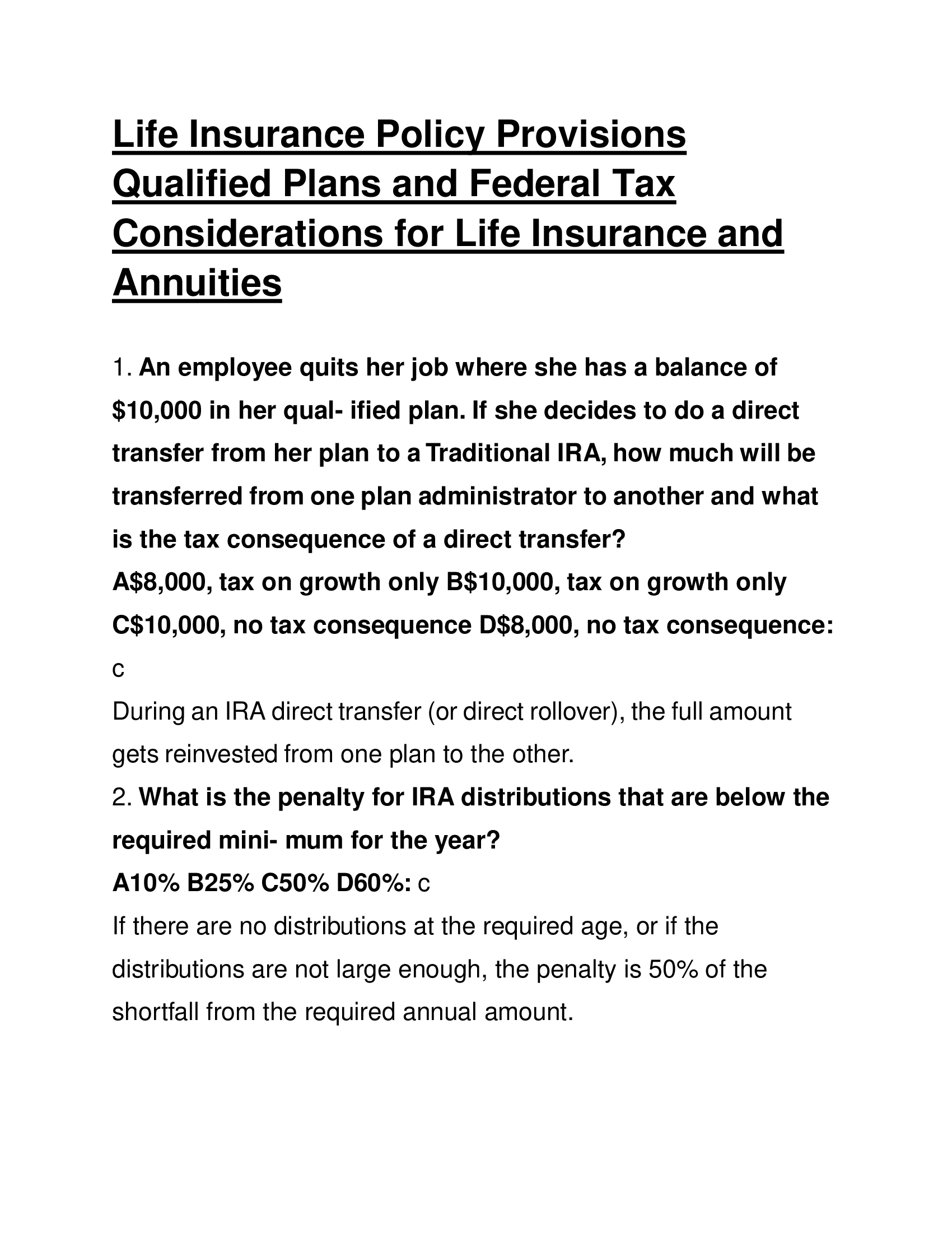 Life Insurance Policy Provisions Qualified Plans and Federal Tax Considerations for Life Insurance and Annuities
