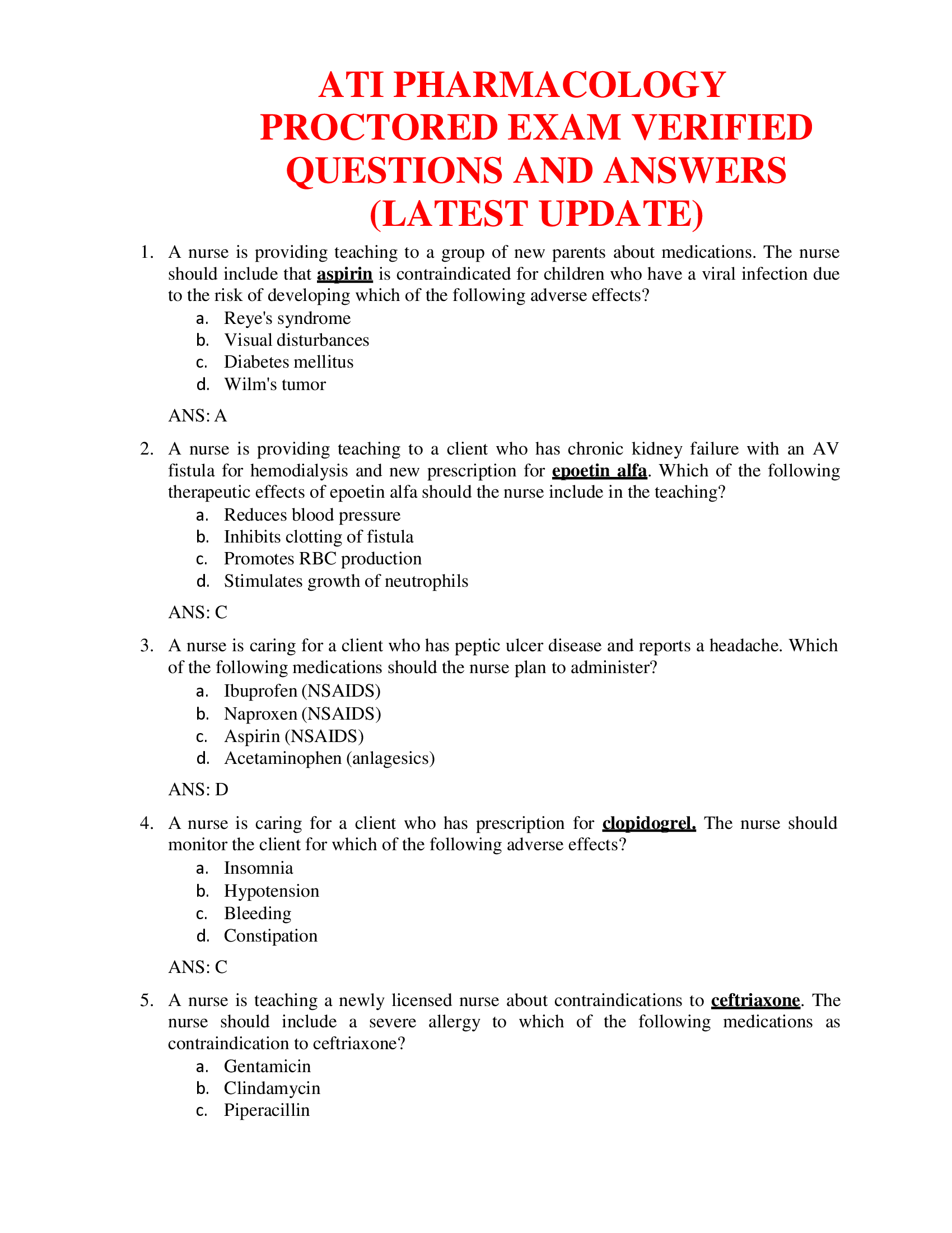 ATI PHARMACOLOGY PROCTORED EXAM VERIFIED QUESTIONS AND ANSWERS (LATEST UPDATE)
