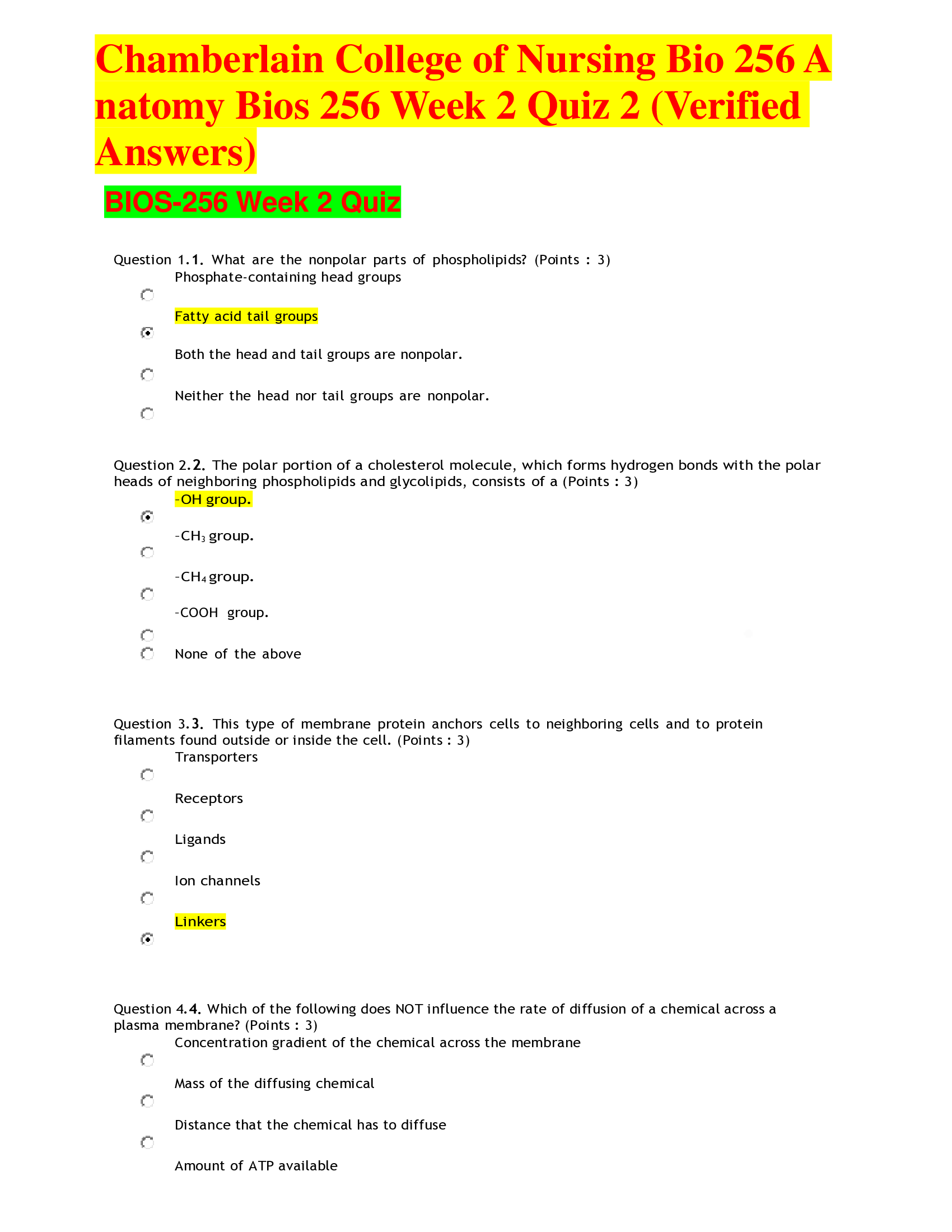 Chamberlain College of Nursing Bio 256 Anatomy Bios 256 Week 2 Quiz 2 (Verified Answers)