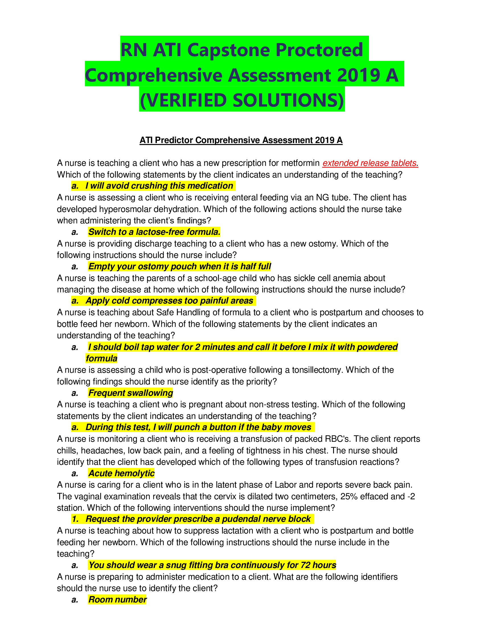 RN ATI Capstone Proctored Comprehensive Assessment 2019 A (VERIFIED SOLUTIONS)