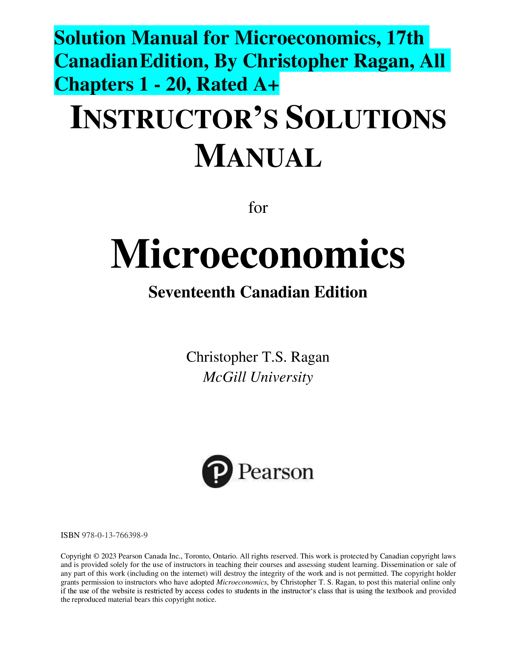 Solution Manual for Microeconomics, 17th Canadian Edition, By Christopher Ragan, All Chapters 1 - 20, Rated A+