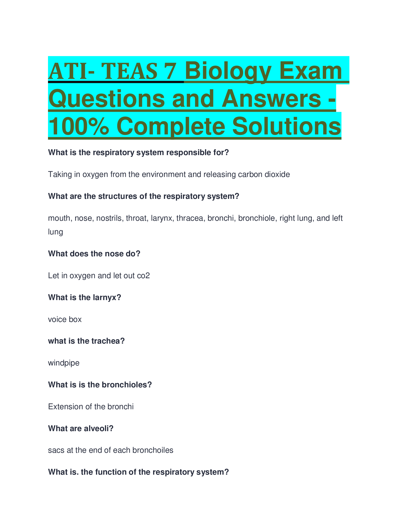 ATI- TEAS 7 Biology Exam Questions and Answers -100 Percent Complete Solutions