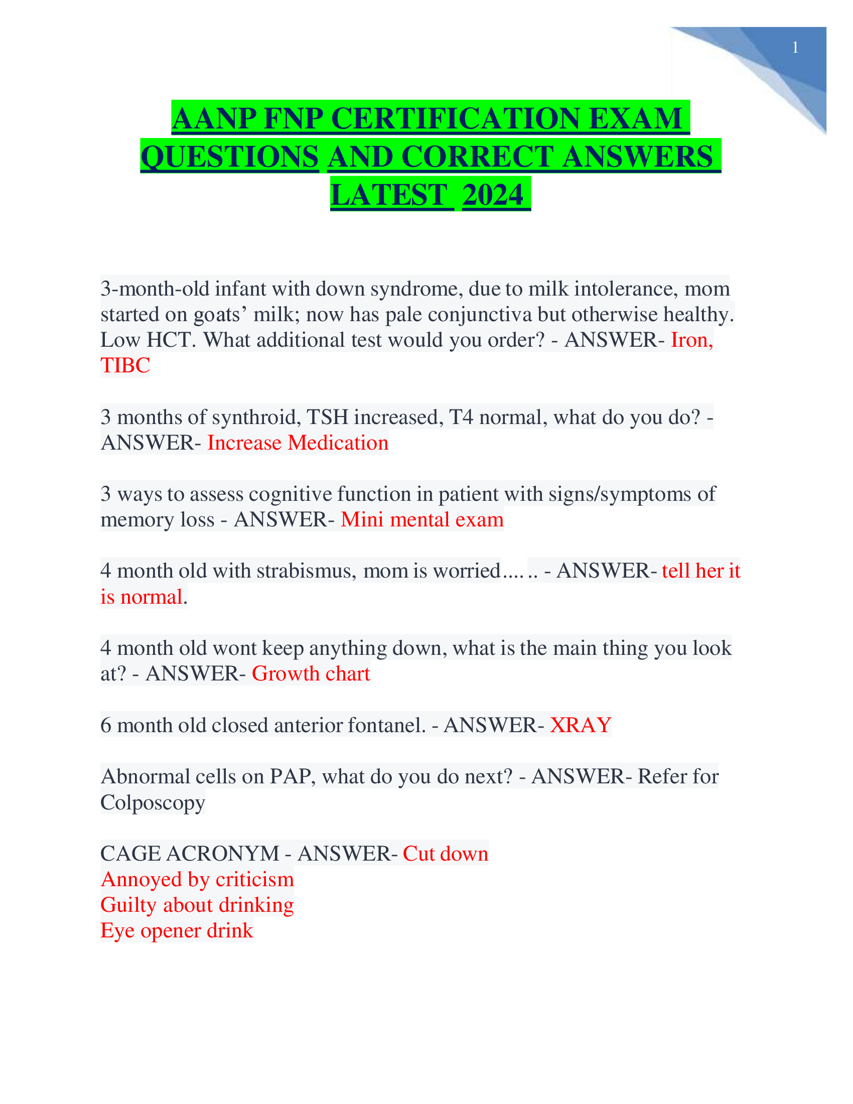 AANP FNP CERTIFICATION EXAM QUESTIONS AND CORRECT ANSWERS LATEST  2024