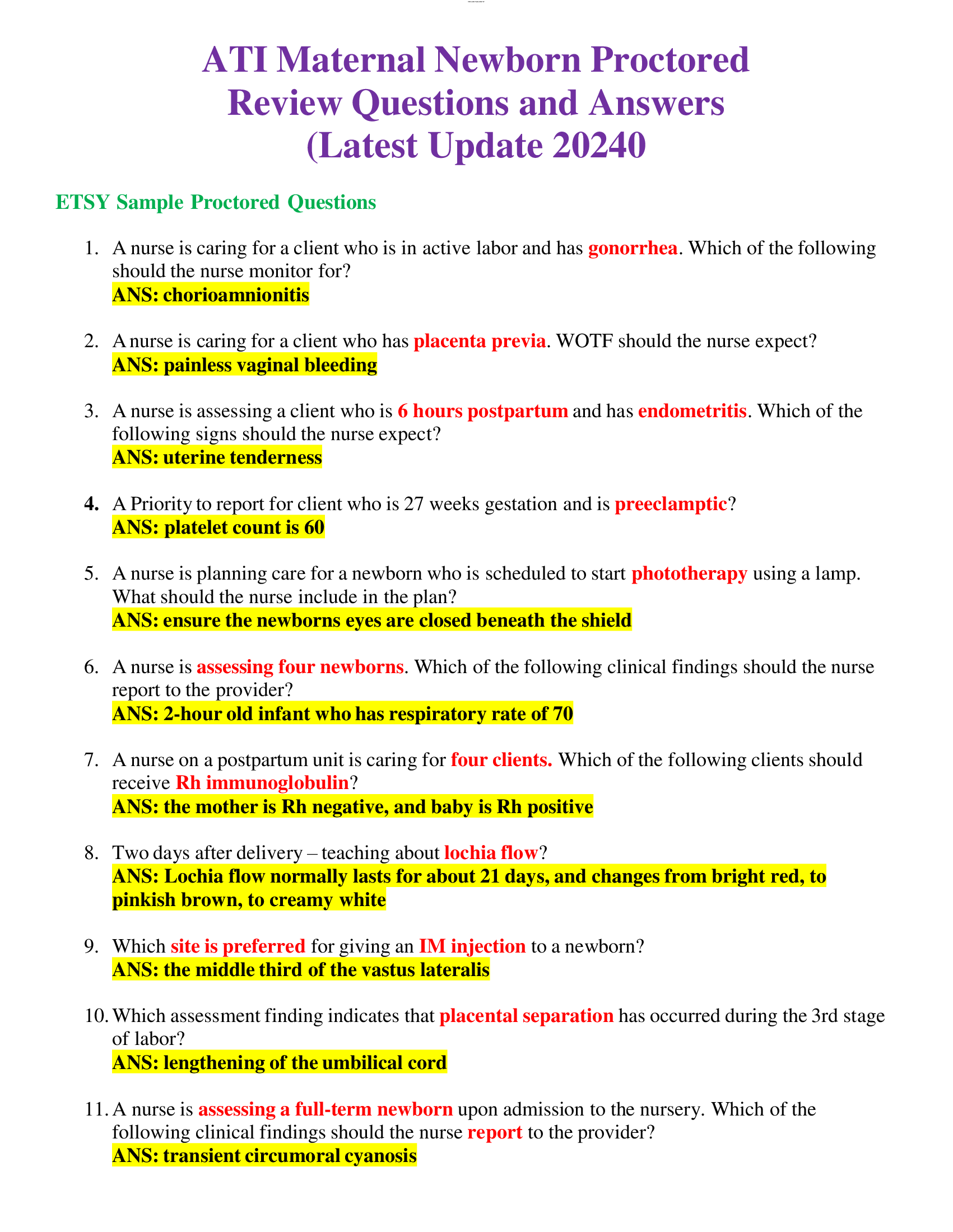 ATI Maternal Newborn Proctored Review Questions and Answers (Latest Update 20240