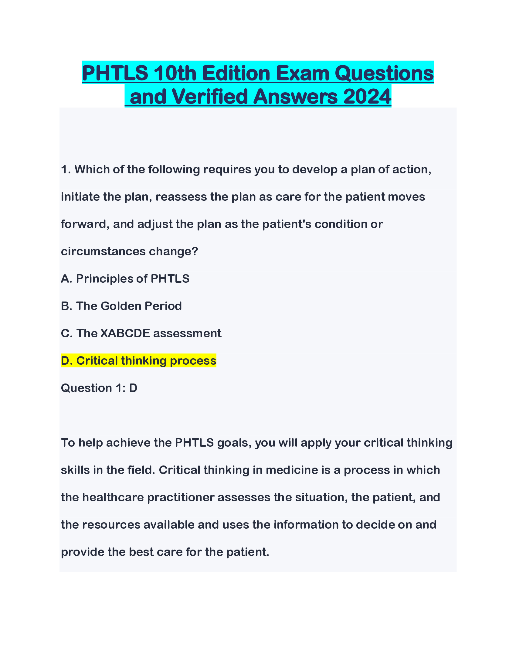 PHTLS 10th Edition Exam Questions  and Verified Answers 2024
