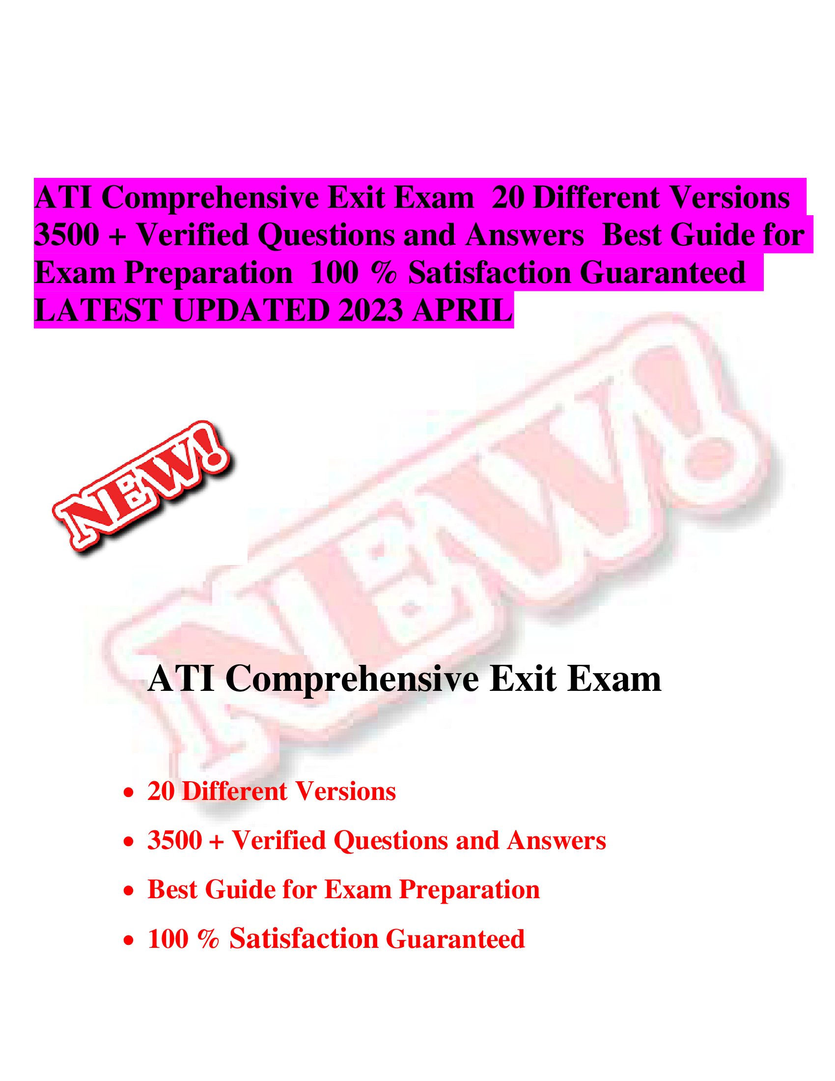 ATI Comprehensive Exit Exam 20 Different Versions 3500 + Verified Questions and Answers Best Guide LATEST UPDATE