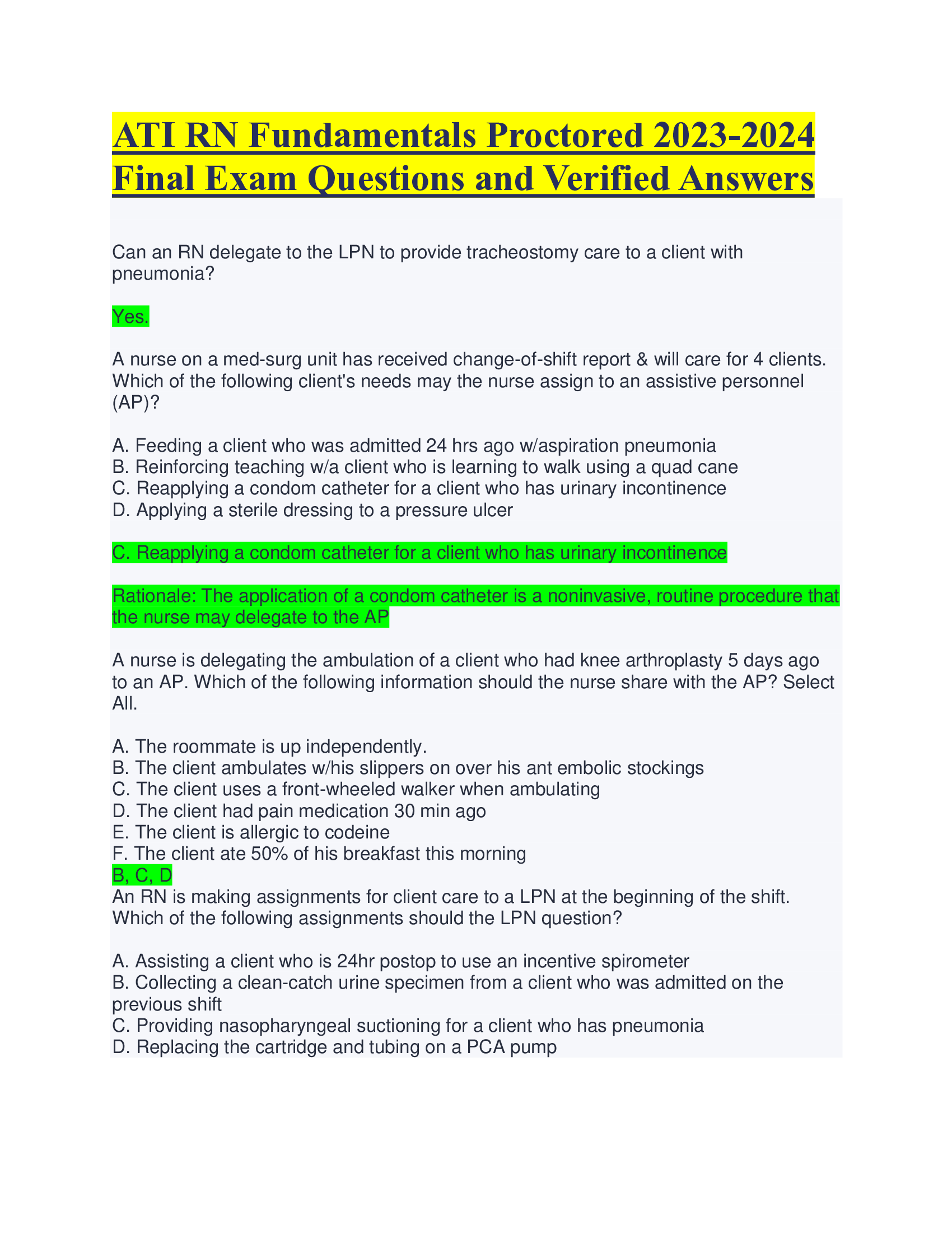 ATI RN Fundamentals Proctored 2023-2024 Final Exam Questions and Verified Answers