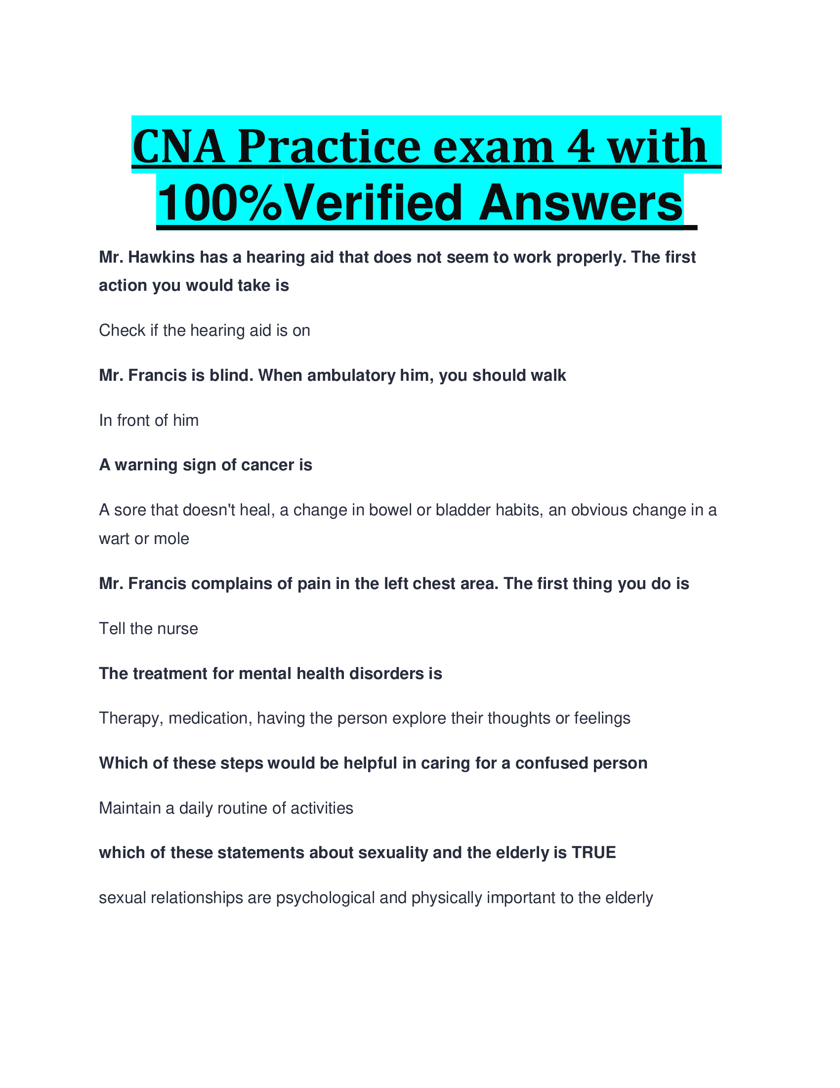 CNA Practice exam 4 with 100 Percent Verified Answers