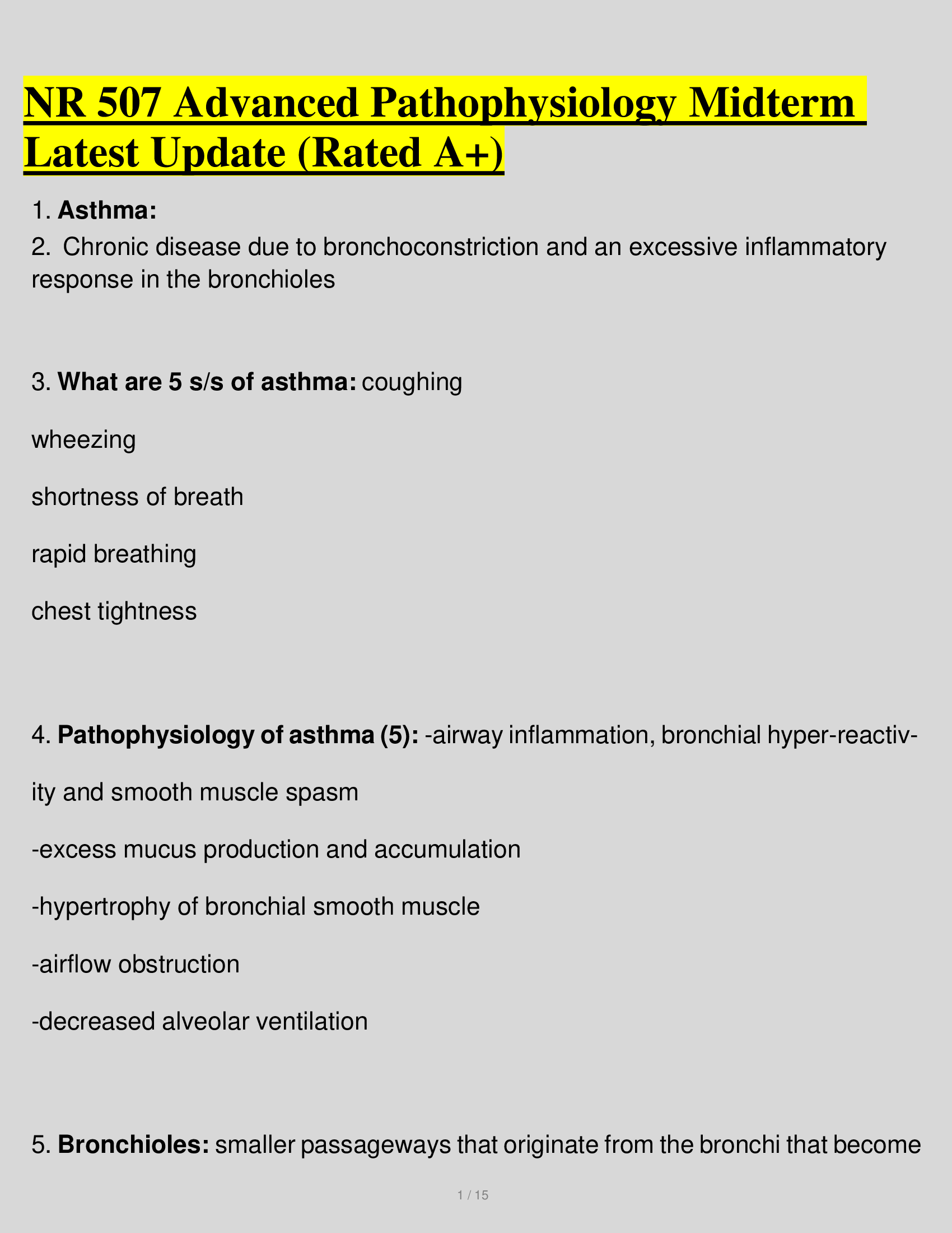 NR 507 Advanced Pathophysiology Midterm Latest Update (Rated A+)