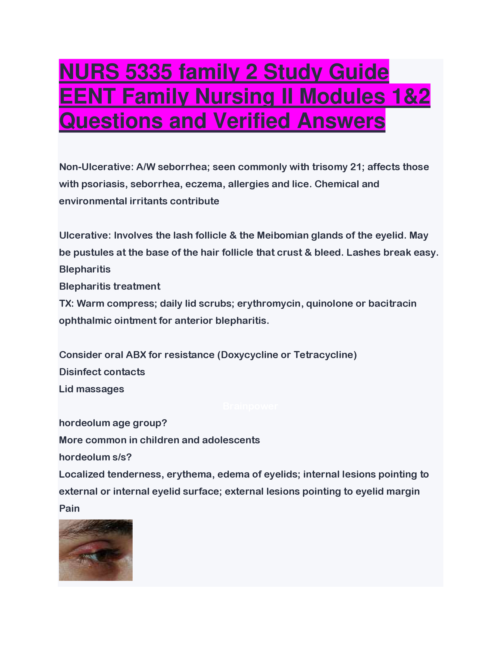 NURS 5335 family 2 Study Guide EENT Family Nursing II Modules 1&2 Questions and Verified Answers