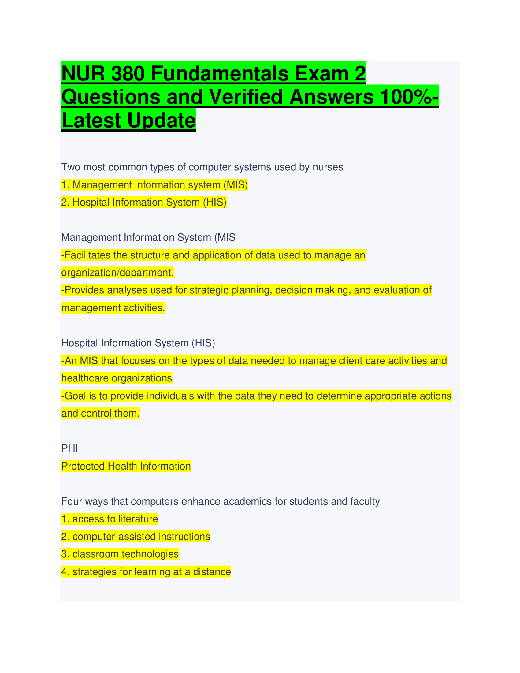 NUR 380 Fundamentals Exam 2 Questions and Verified Answers 100%- Latest Update