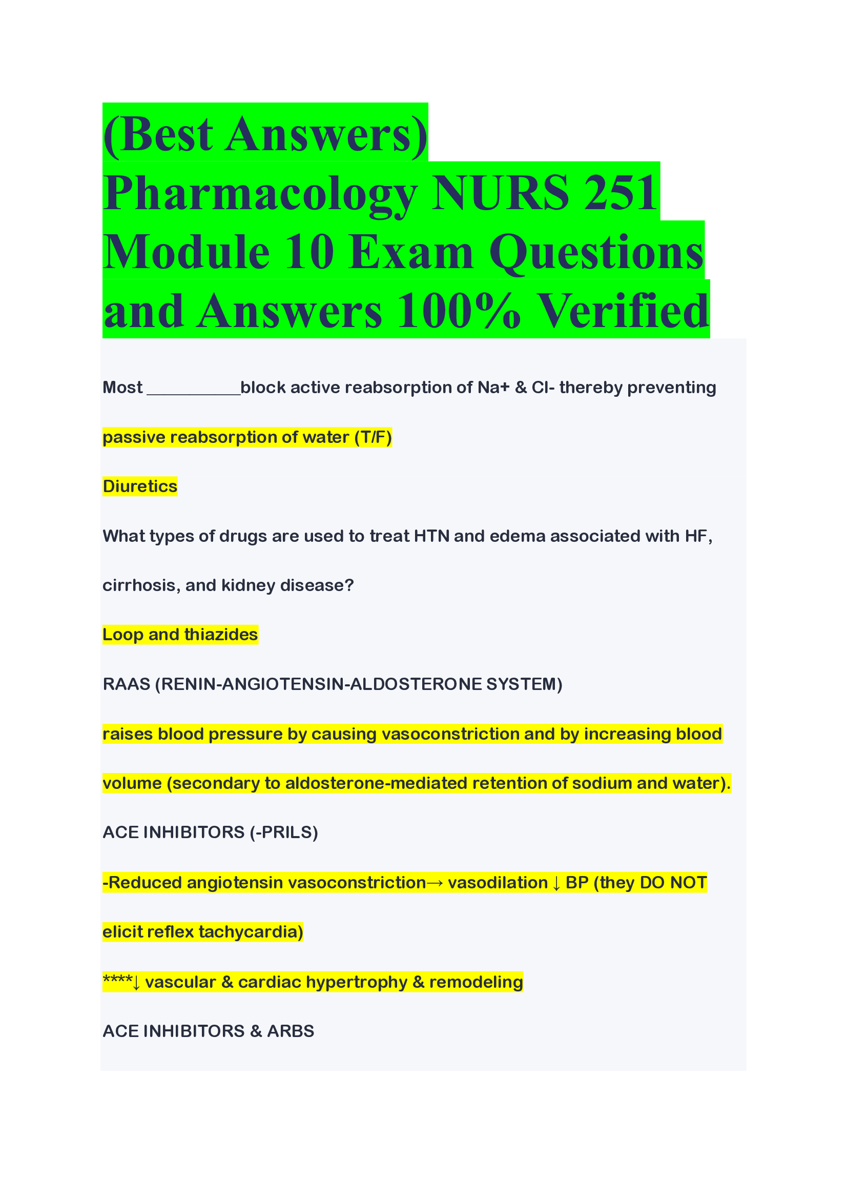 (Best Answers) Pharmacology NURS 251 Module 10 Exam Questions and Answers 100% Verified