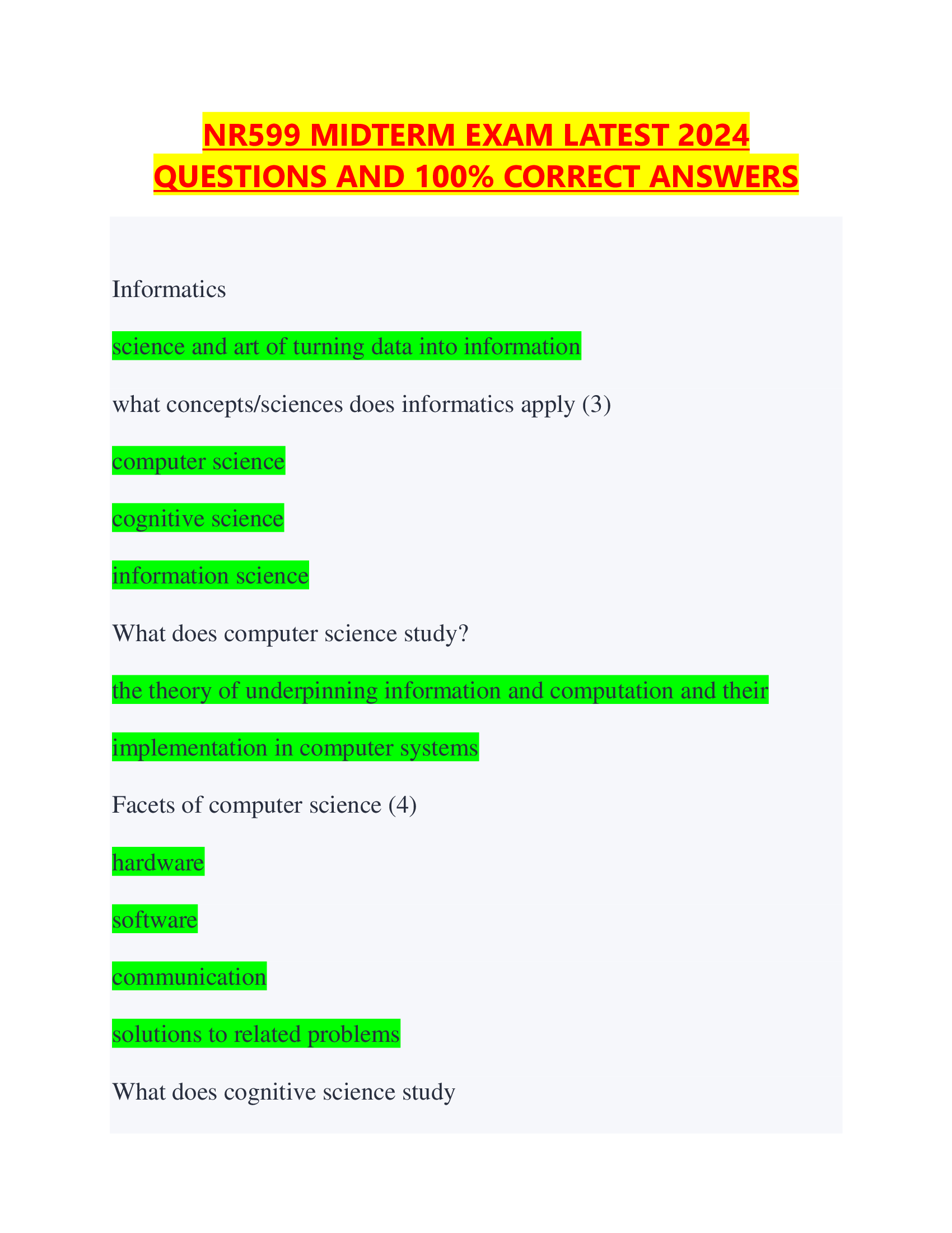 NR599 MIDTERM EXAM LATEST 2024 QUESTIONS AND 100% CORRECT ANSWERS