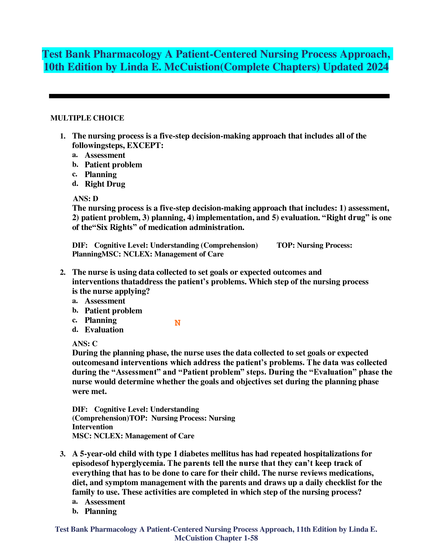 Test Bank Pharmacology A Patient-Centered Nursing Process Approach, 10th Edition by Linda E. McCuistion(Complete Chapters) Updated 2024