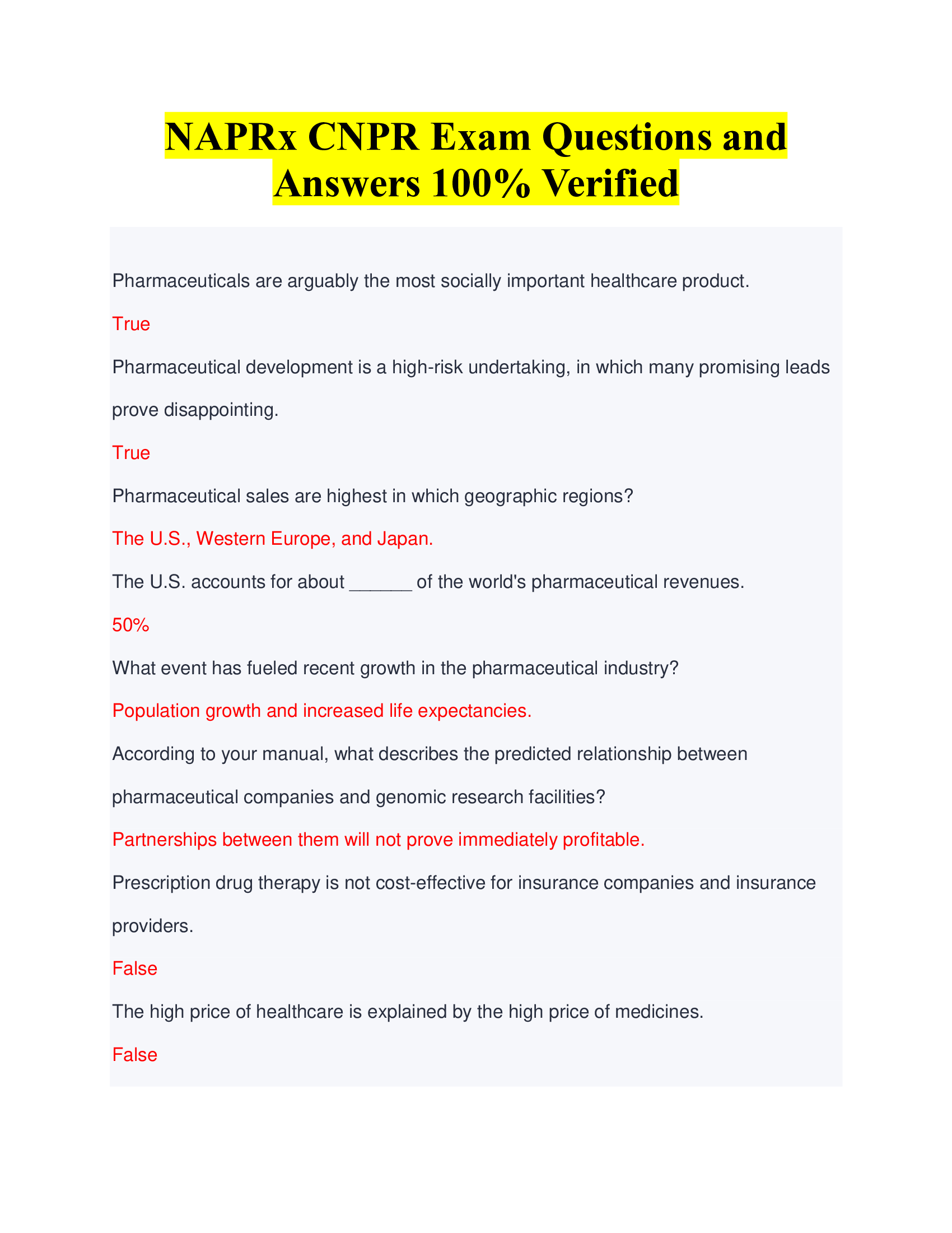 NAPRx CNPR Exam Questions and Answers 100% Verified