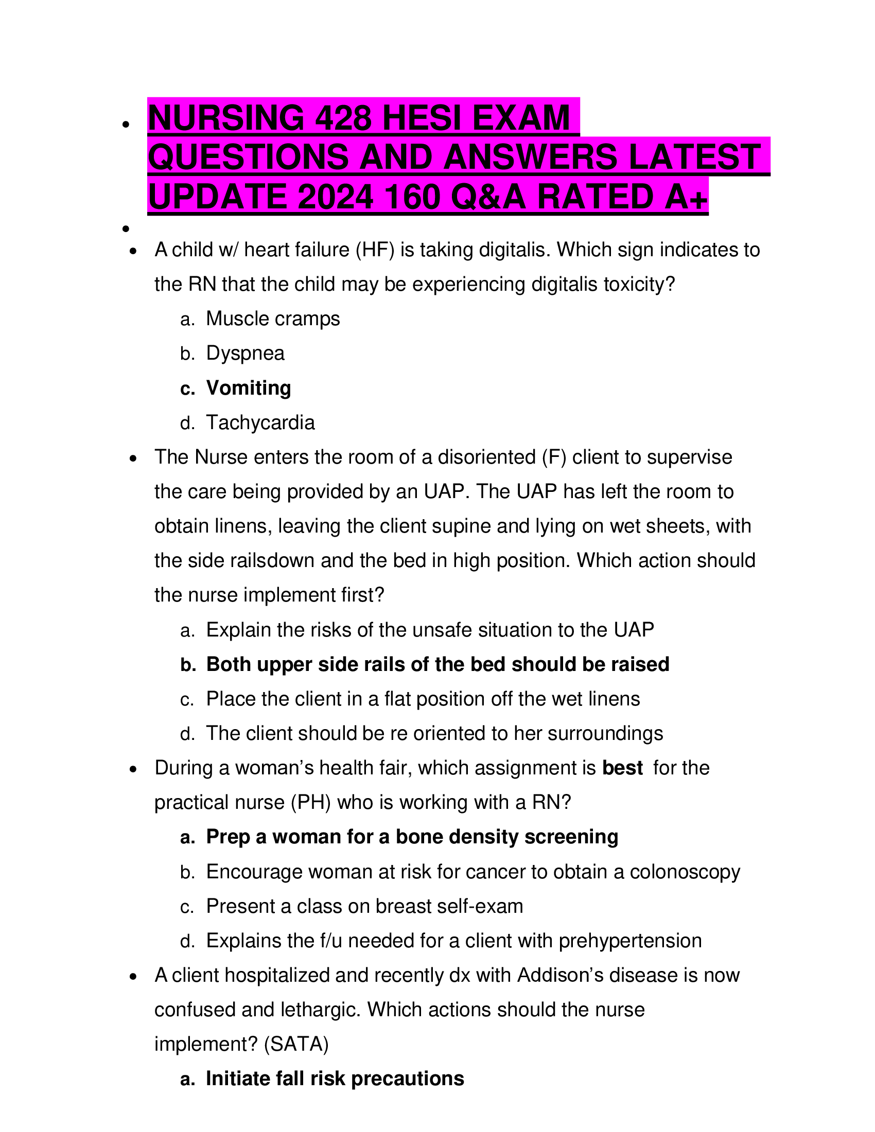 NURSING 428 HESI EXAM QUESTIONS AND ANSWERS LATEST UPDATE 2024 160 Q&A RATED A+