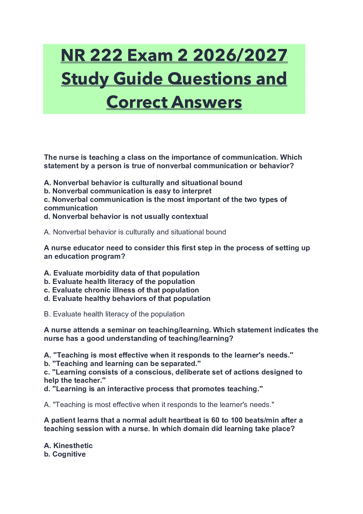 NR 222 Exam 2 2026/2027 Study Guide Questions and Correct Answers