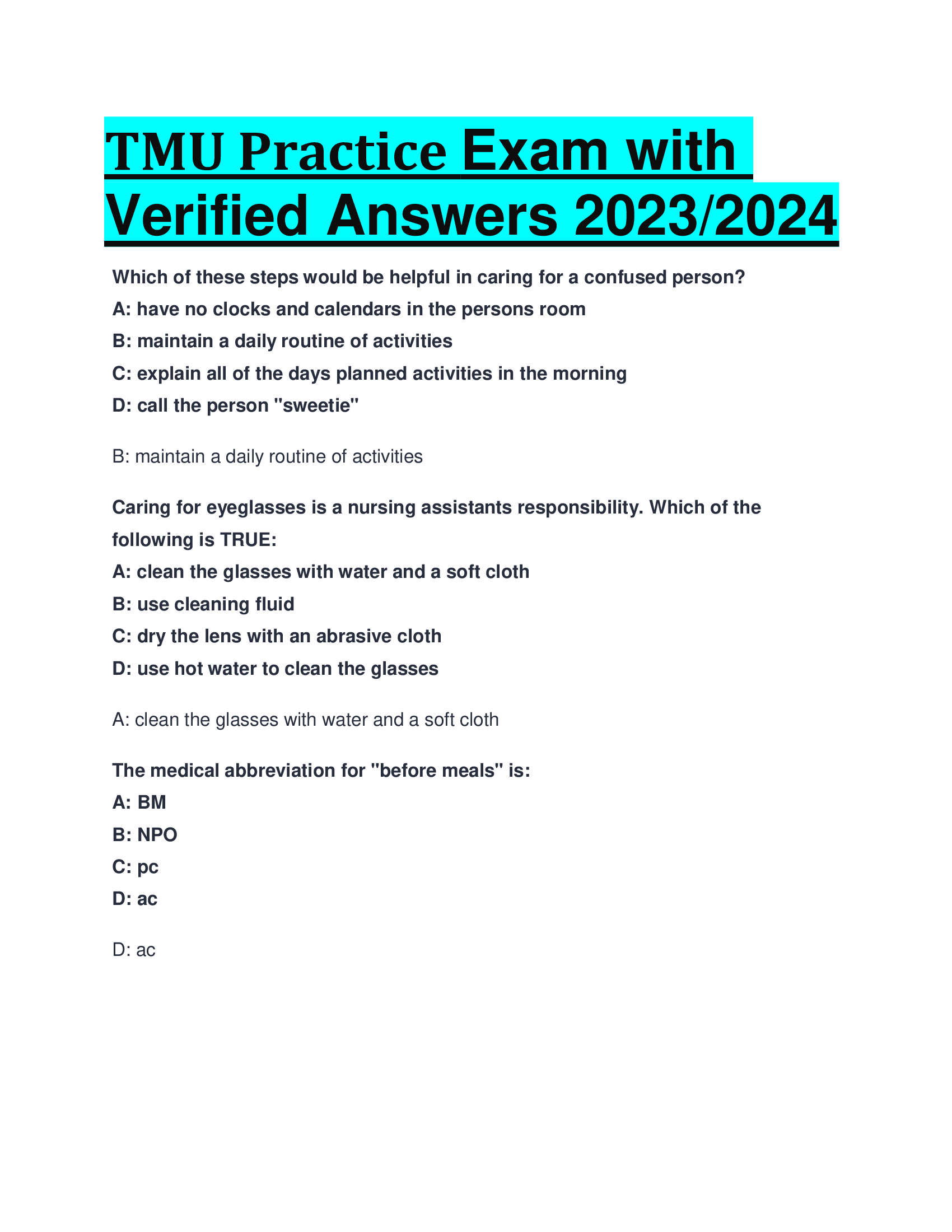 TMU Practice Exam with Verified Answers 2023, 2024
