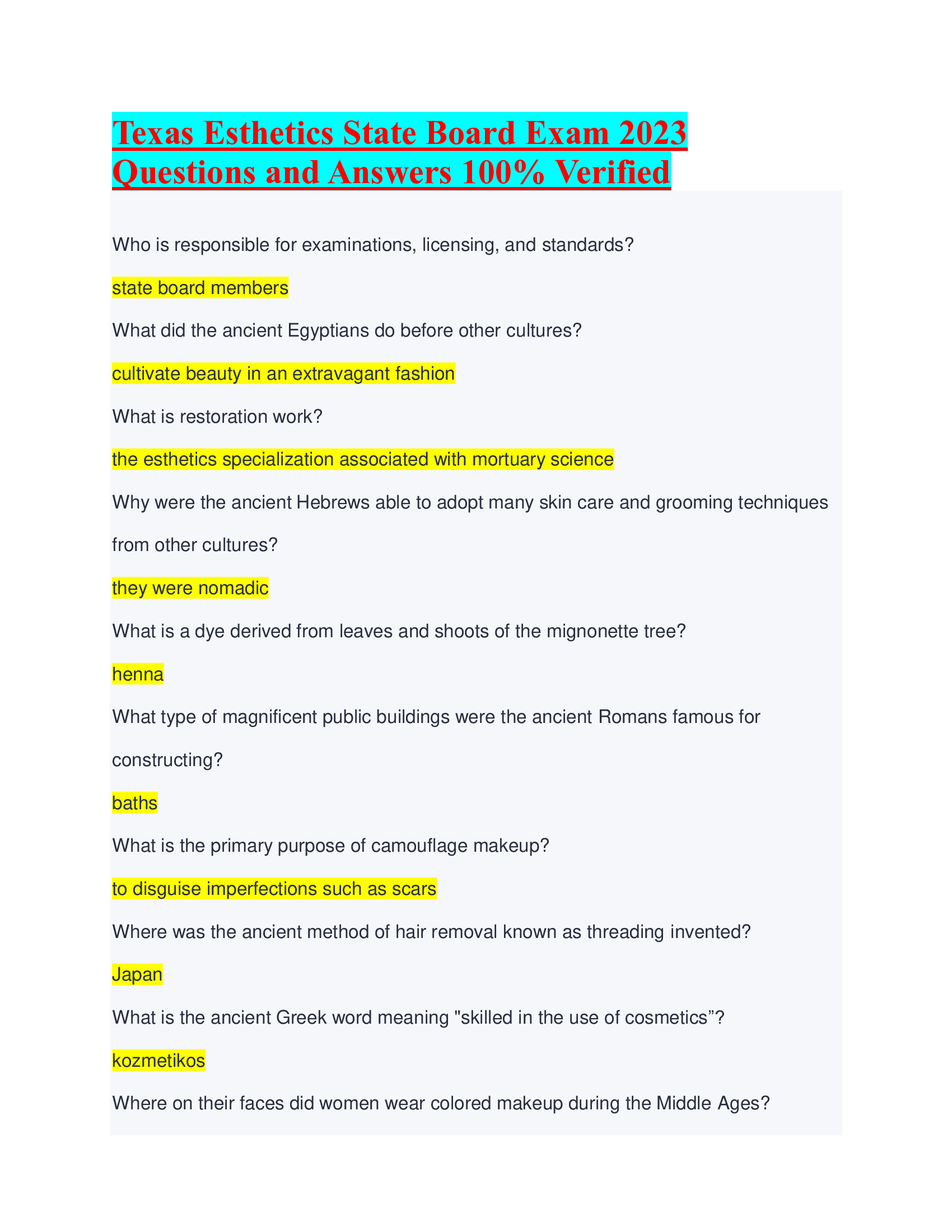 Texas Esthetics State Board Exam 2023 Questions and Answers 100% Verified