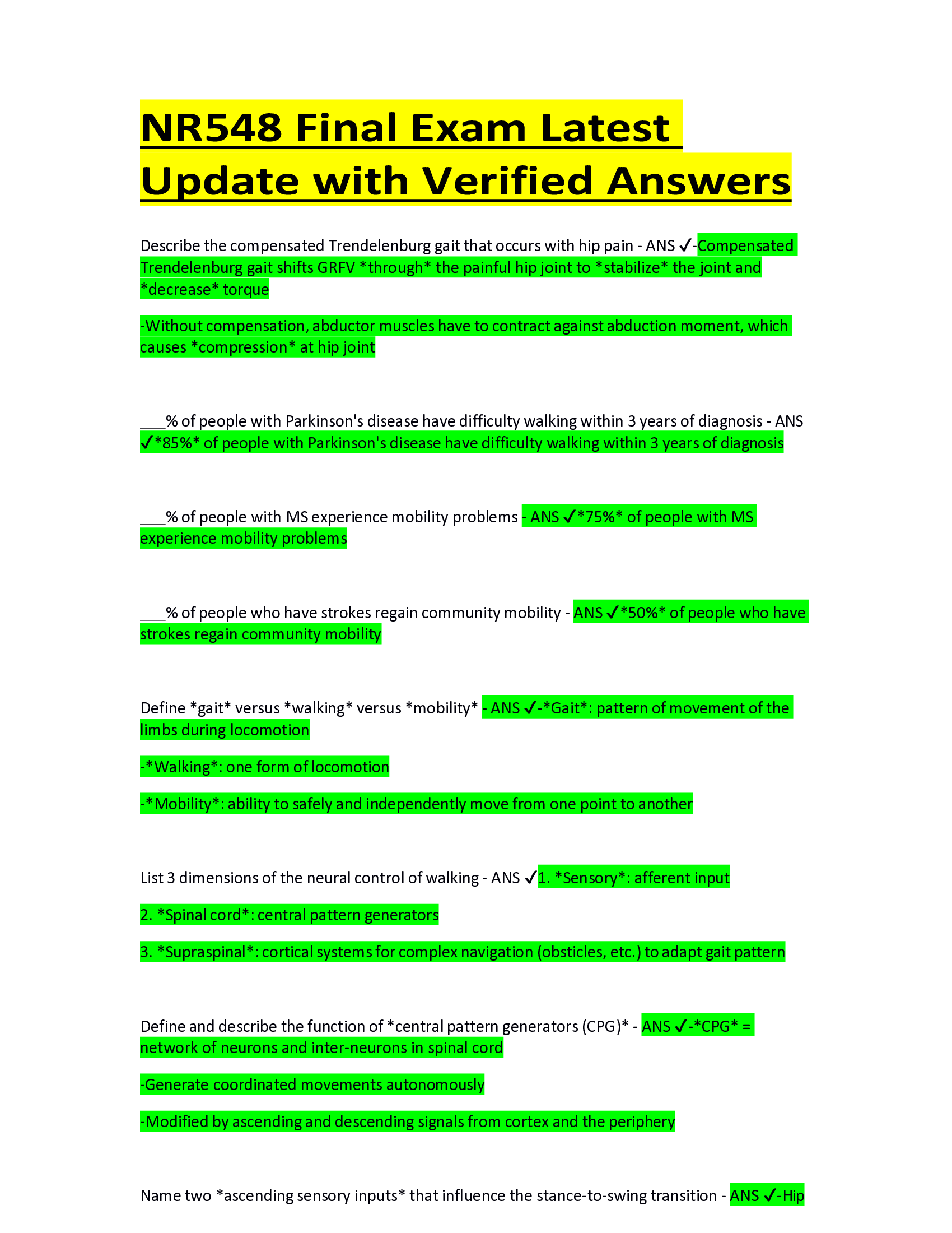 NR548 Final Exam Latest Update with Verified Answers