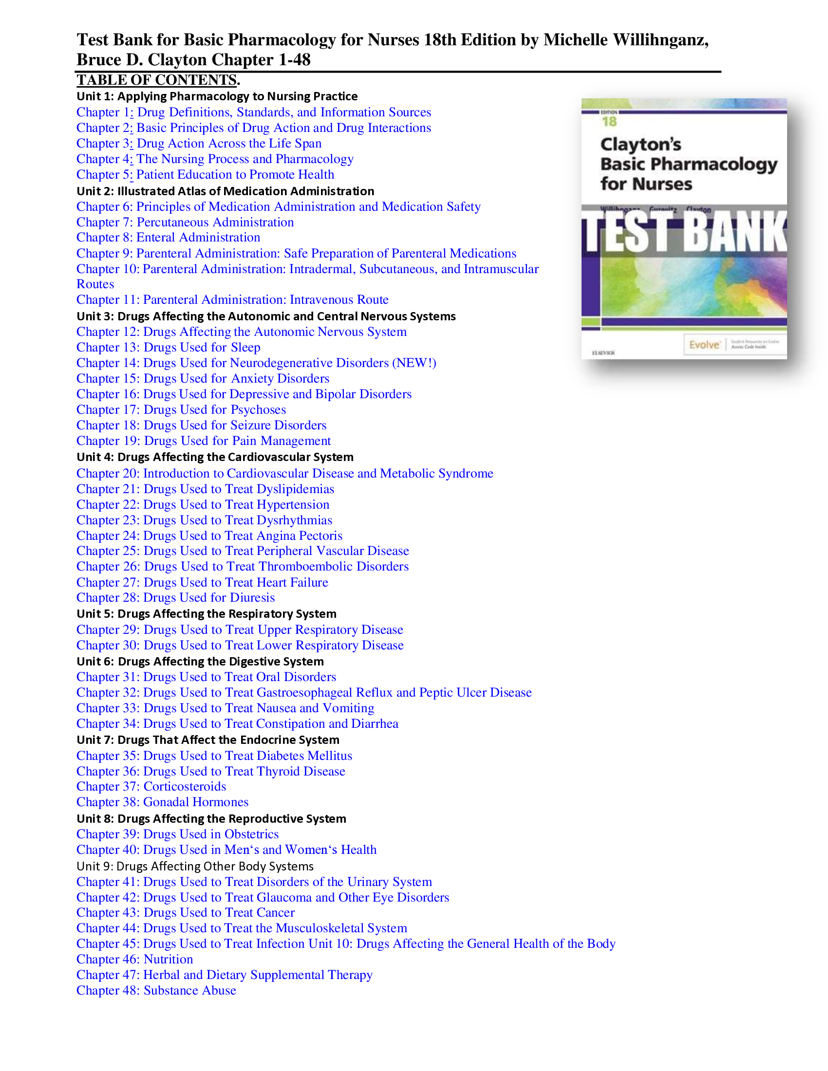 Test Bank for Claytons Basic Pharmacology for Nurses 18th Edition by Michelle J. Willihnganz, Samuel L. Gurevitz & Bruce D. Clayton ISBN 9780323550611 Complete Chapters 1-48 | Rated A+
