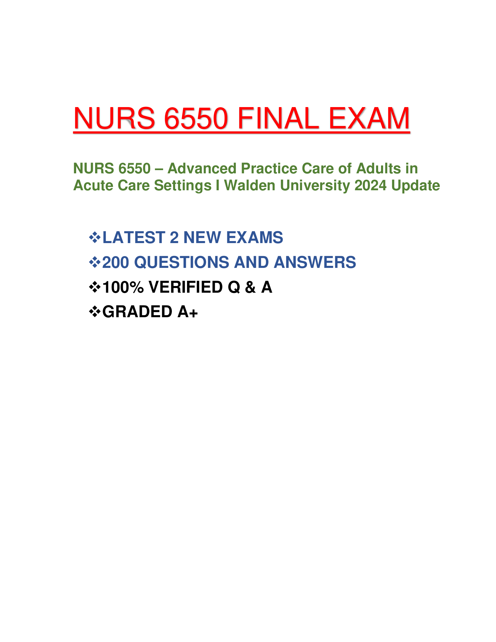 NURS 6550 – Advanced Practice Care of Adults in Acute Care Settings I Walden University 2024 Update