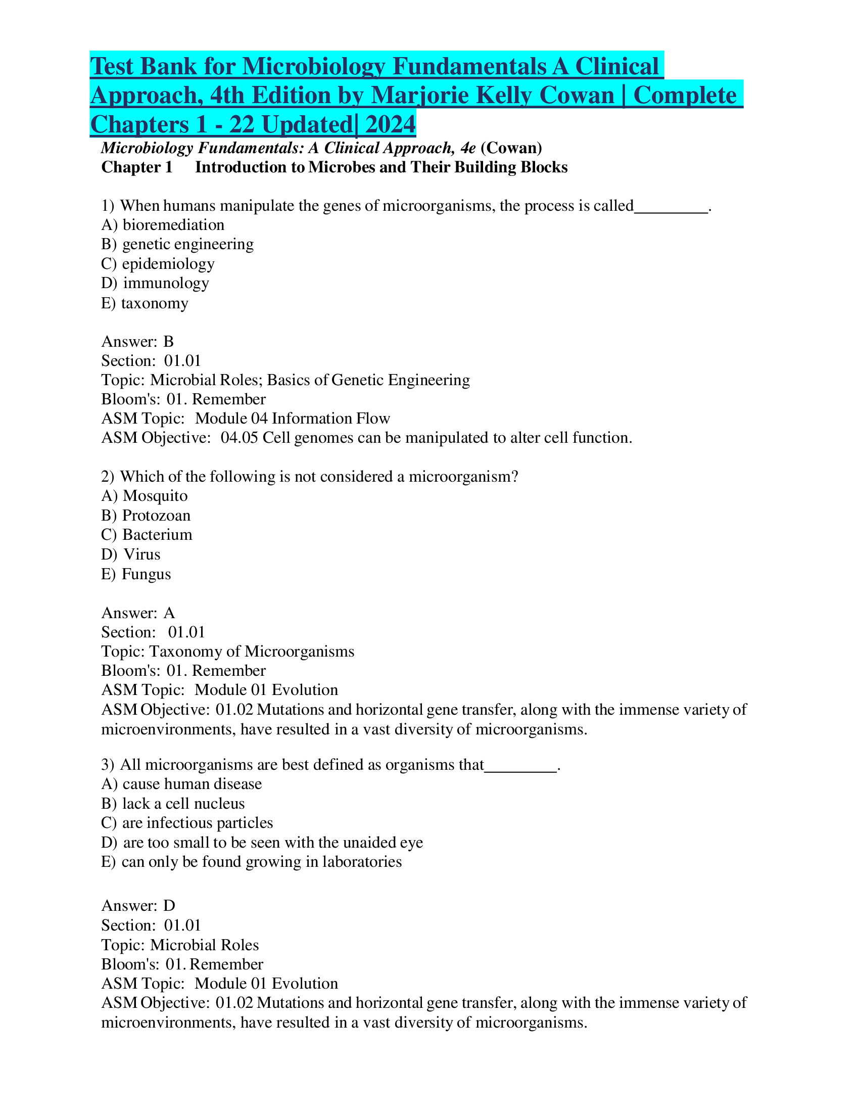 Test Bank for Microbiology Fundamentals A Clinical Approach, 4th Edition by Marjorie Kelly Cowan | Complete Chapters 1 - 22 Updated| 2024