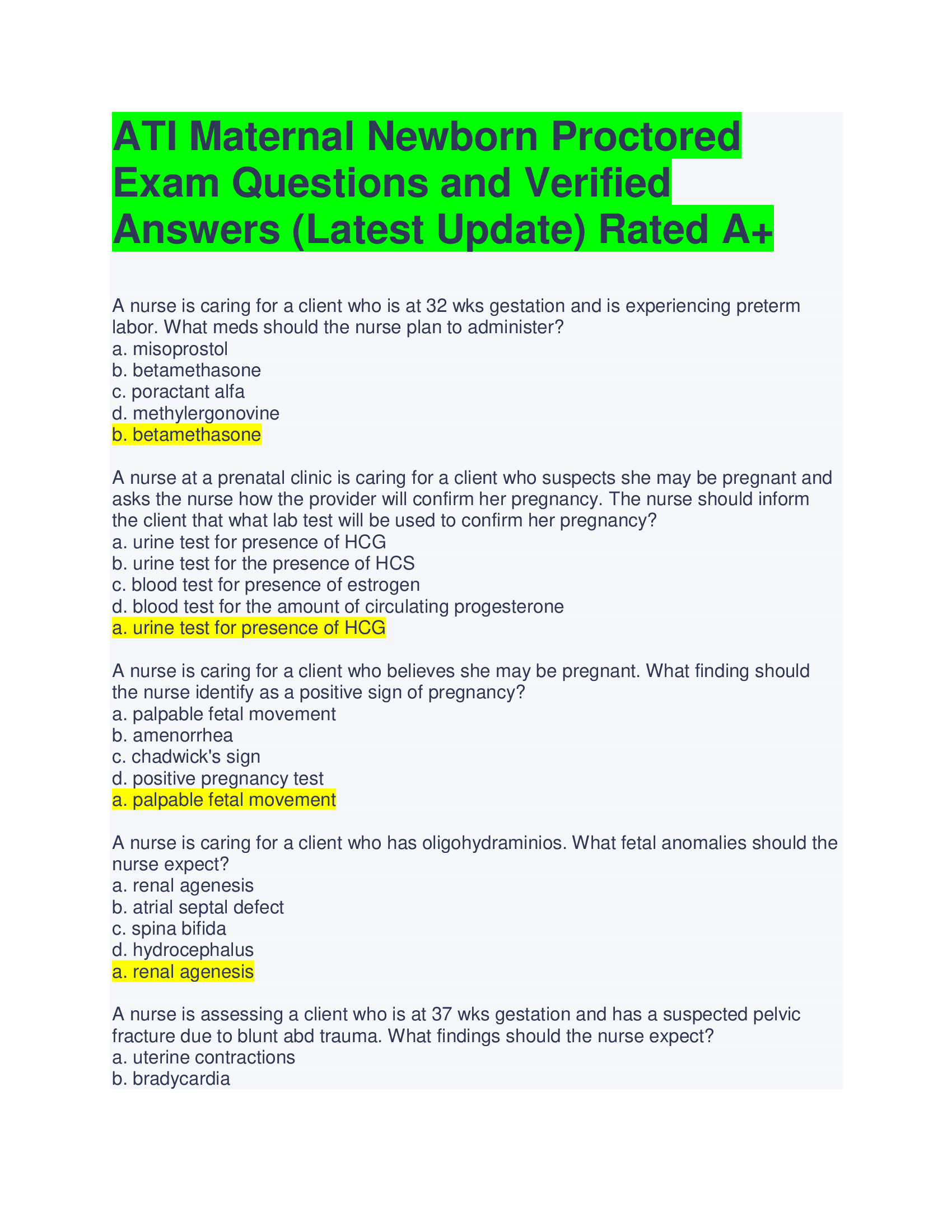 ATI Maternal Newborn Proctored Exam Questions and Verified Answers (Latest Update) Rated A+