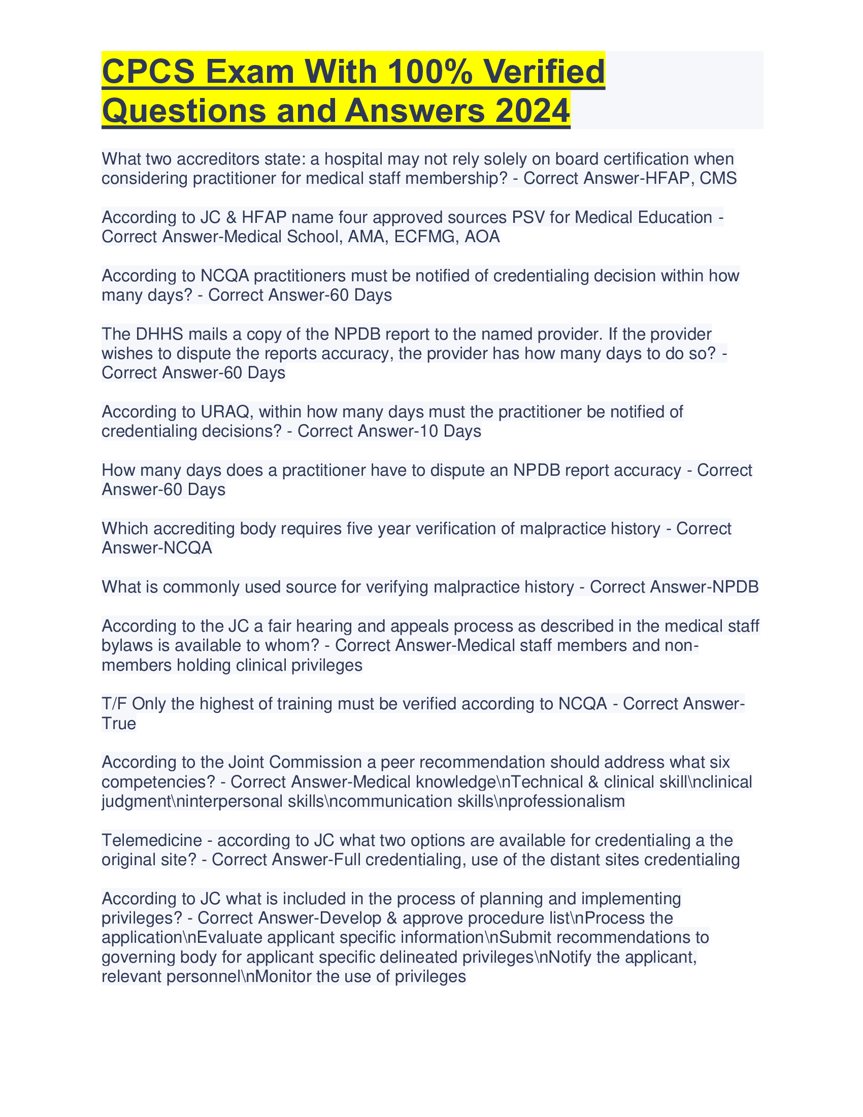 CPCS Exam With 100% Verified Questions and Answers 2024