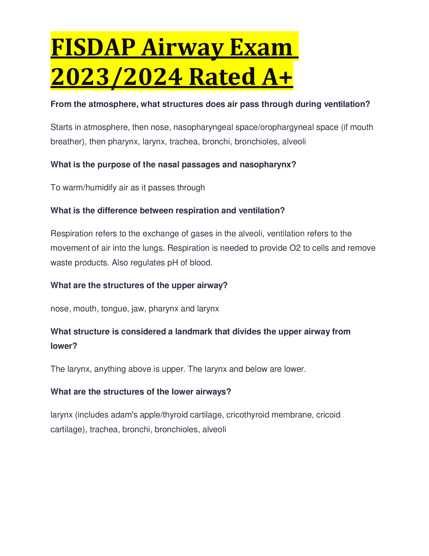 FISDAP Airway Exam 2023, 2024 Rated A+