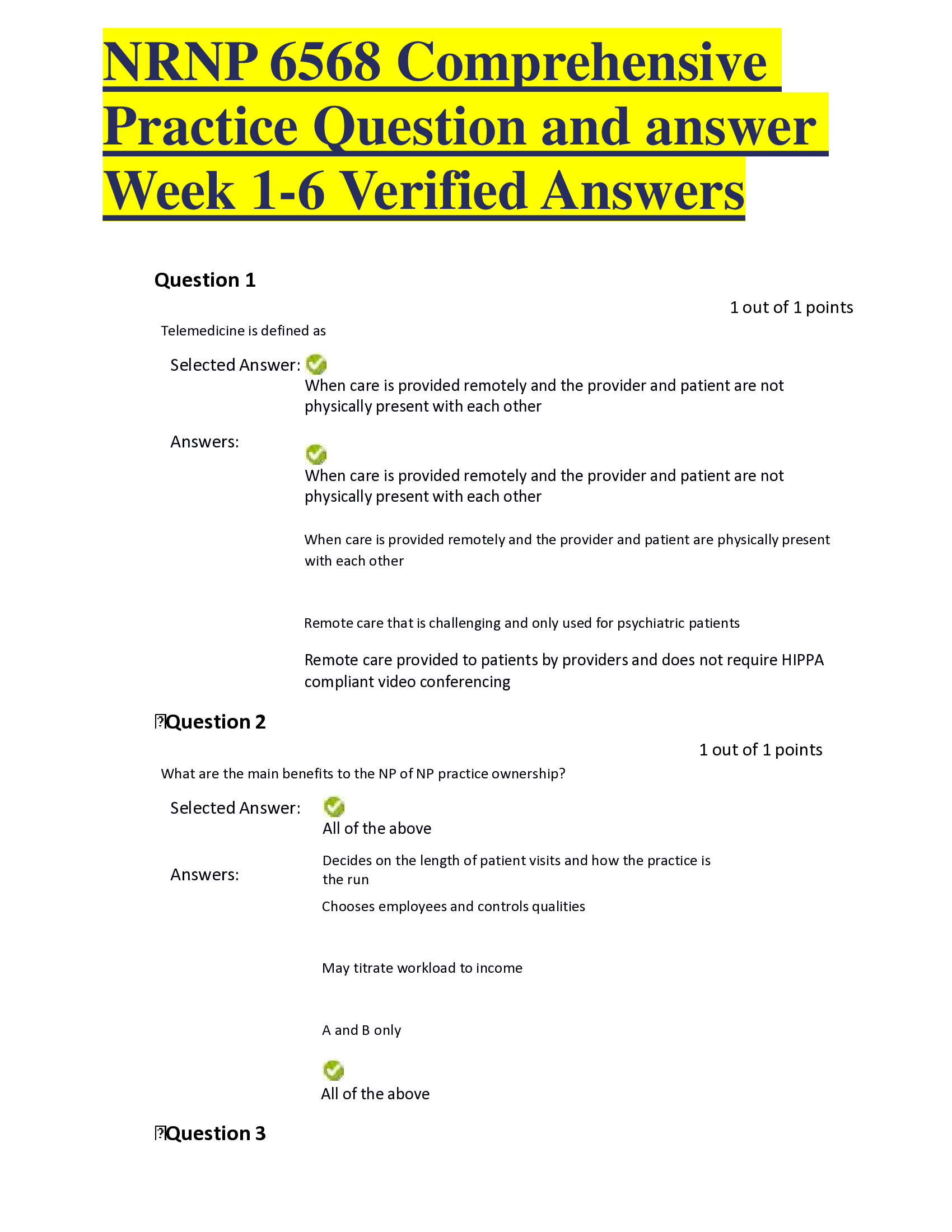 NRNP 6568 Comprehensive Practice Question and answer Week 1-6 Verified Answers