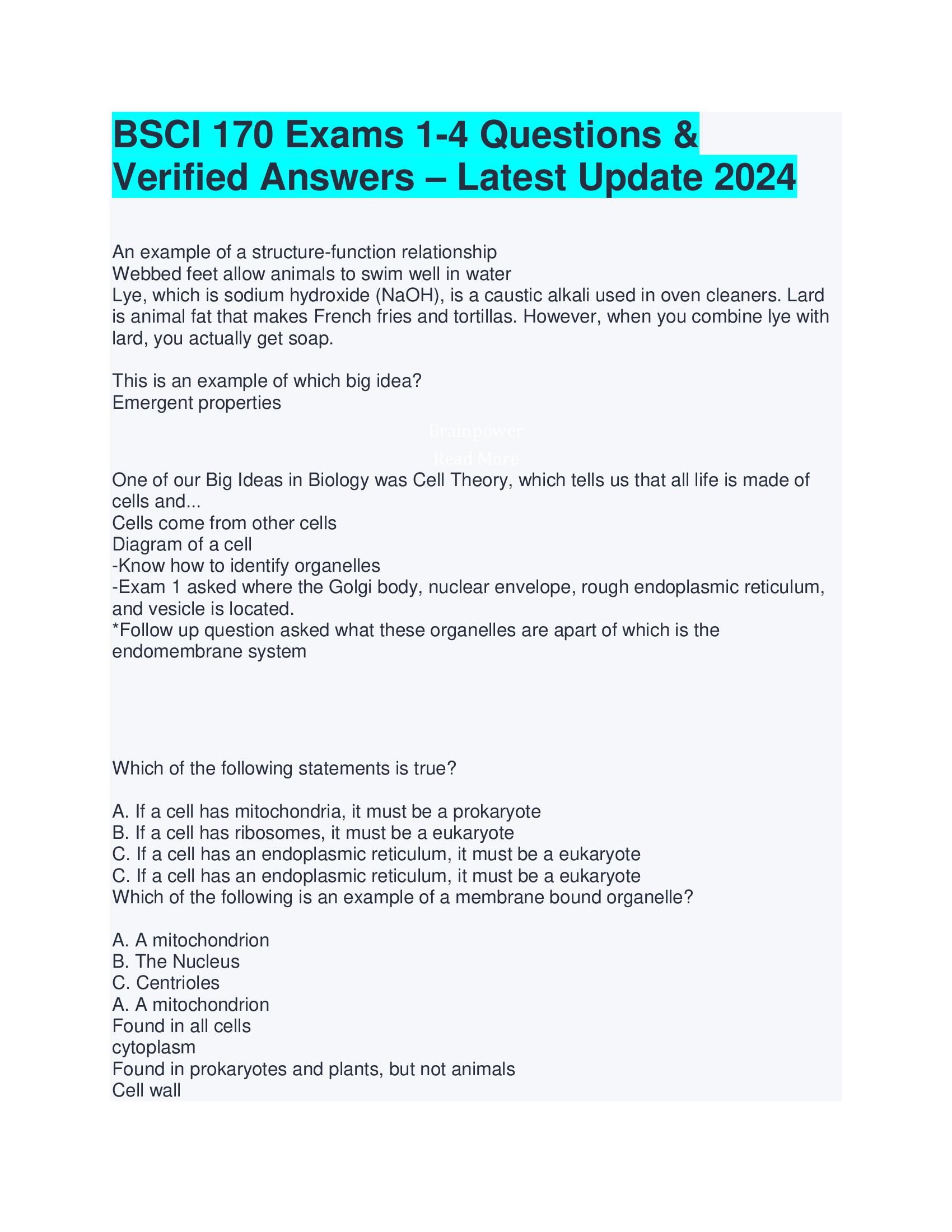 BSCI 170 Exams 1-4 Questions & Answers -Latest Update